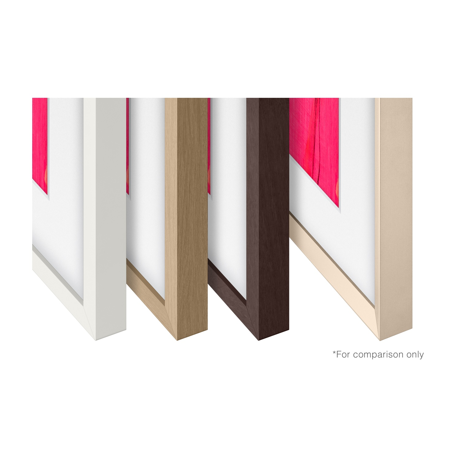 Quattro cornici con colori diversi: bianco, legno chiaro, marrone scuro e oro. Ogni cornice contiene una parte di un'opera d'arte rosa.