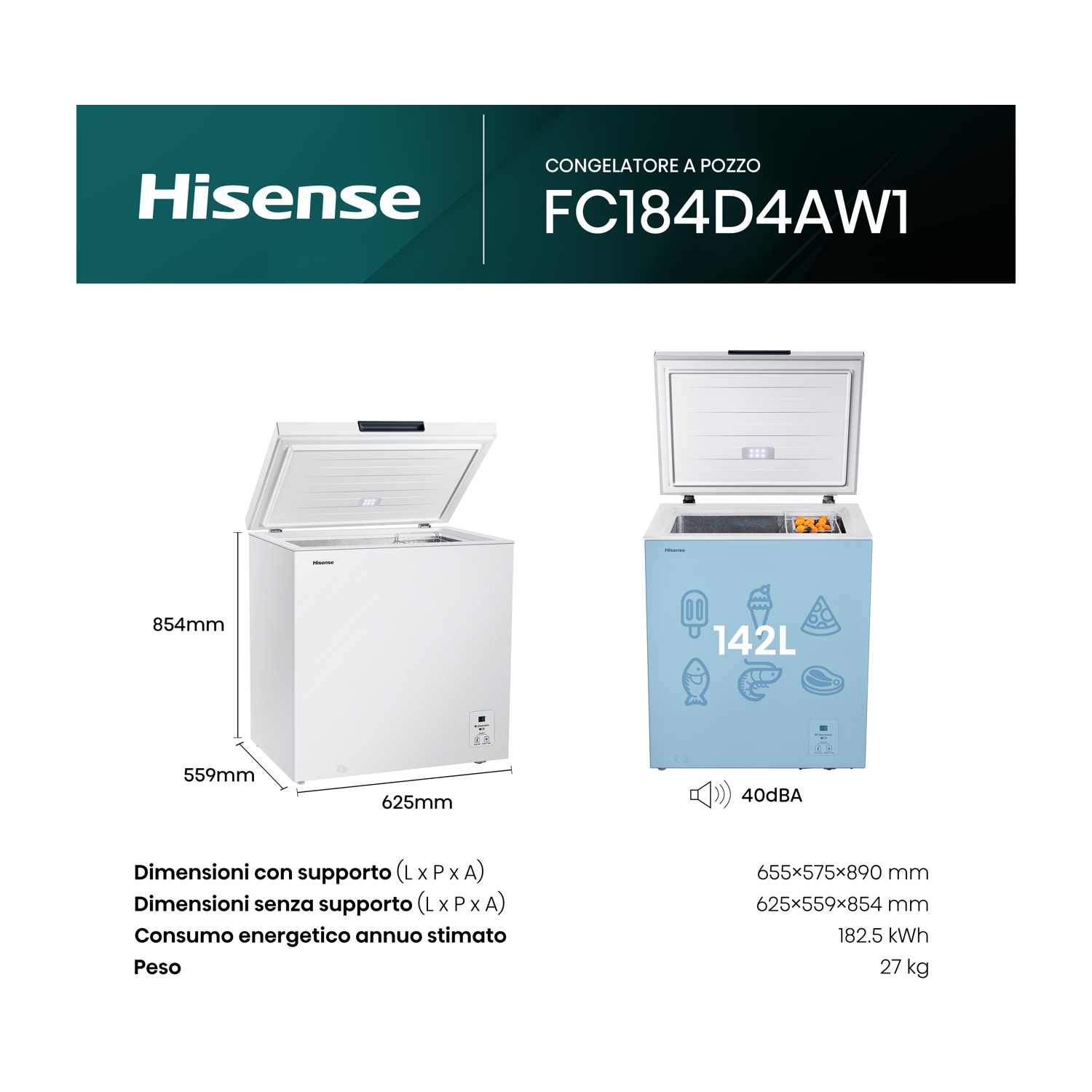 Congelatore a pozzo Hisense bianco, modello FC184D4AW1, con coperchio aperto. Dettagli dimensioni e consumo energetico.
