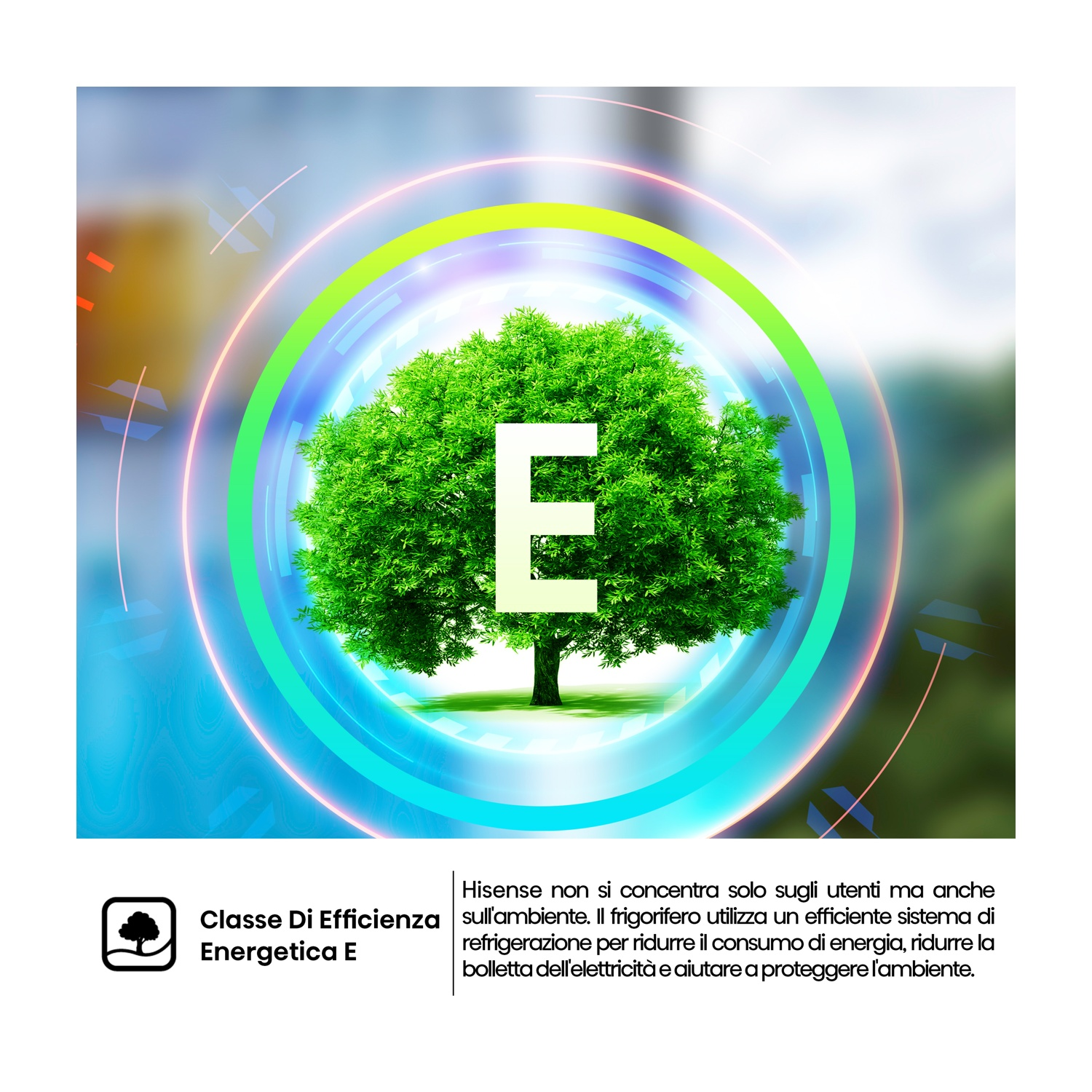 Un albero verde con una grande 'E' bianca all'interno di un design circolare luminoso, con testo sull'efficienza energetica e l'ambiente.
