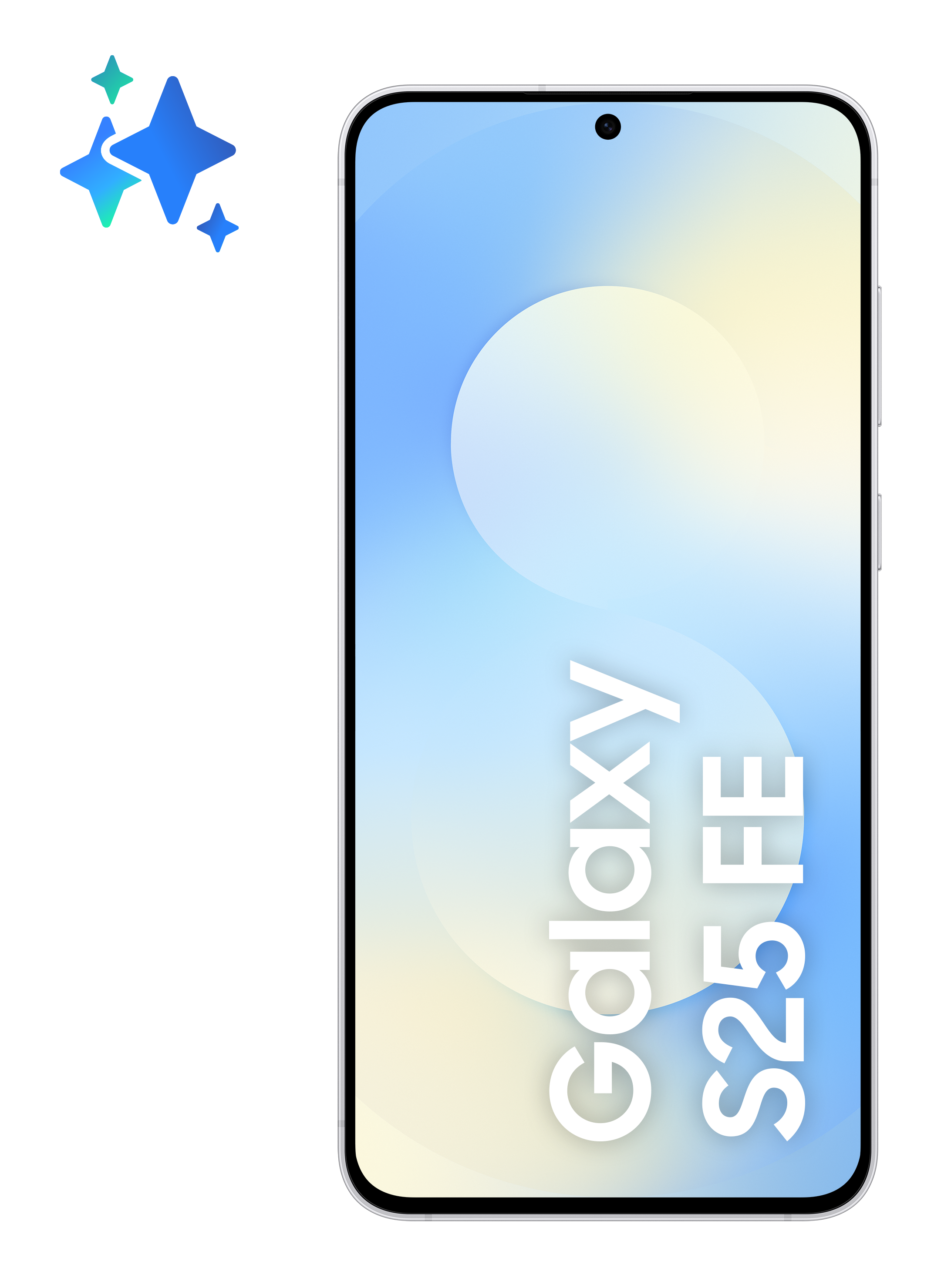 Smartfon z białą ramką wyświetla "Galaxy S25 FE" na gradientowym tle. Niebieskie gwiazdy po lewej.