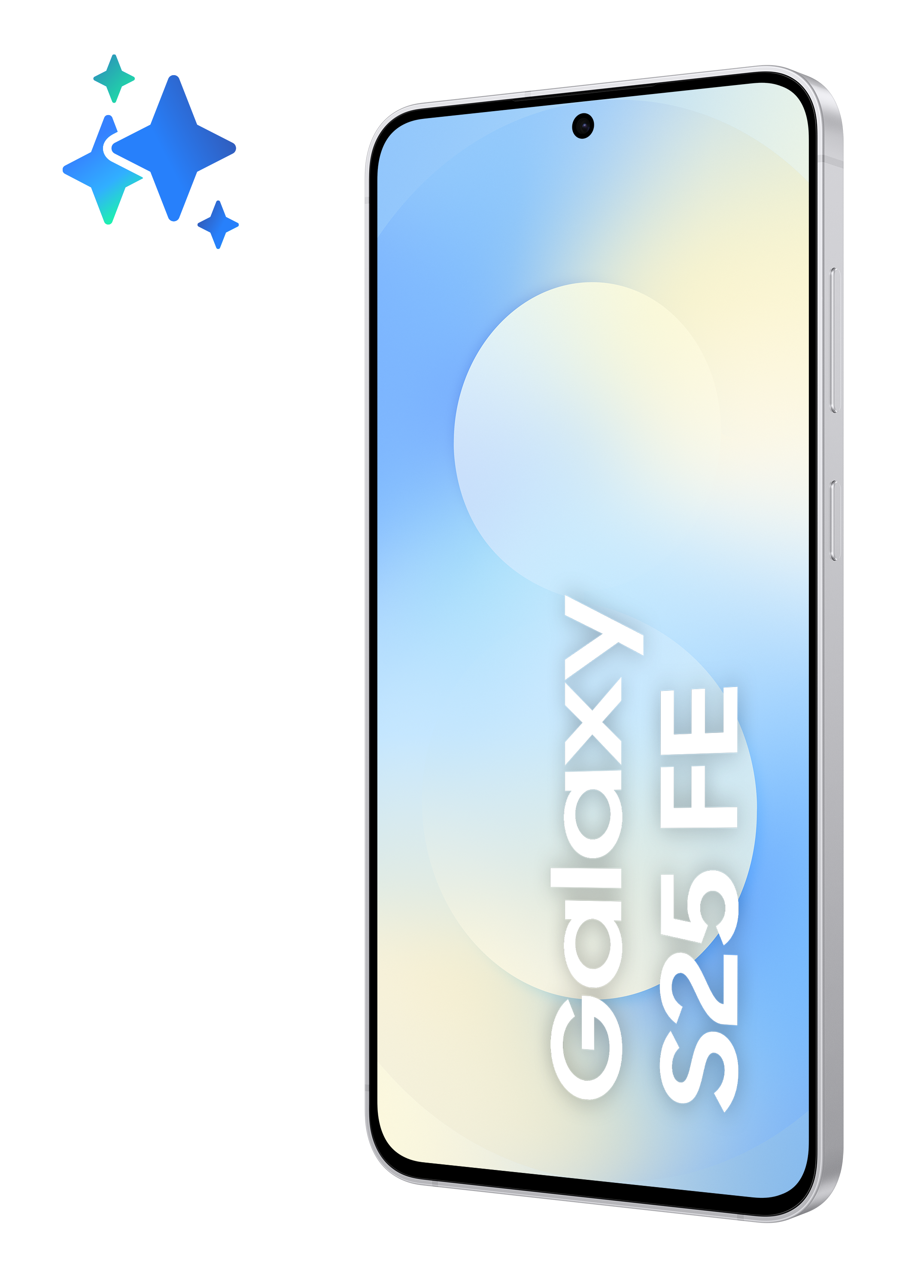 Wyświetlany jest srebrny telefon Samsung Galaxy S25 FE. Ma niebiesko-żółty gradientowy ekran, biały tekst i gwiazdy.