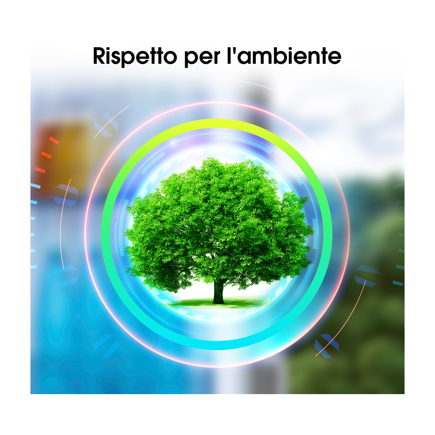 Un albero verde all'interno di un cerchio luminoso, con il testo 'Rispetto per l'ambiente' in alto. Sfondo sfocato.