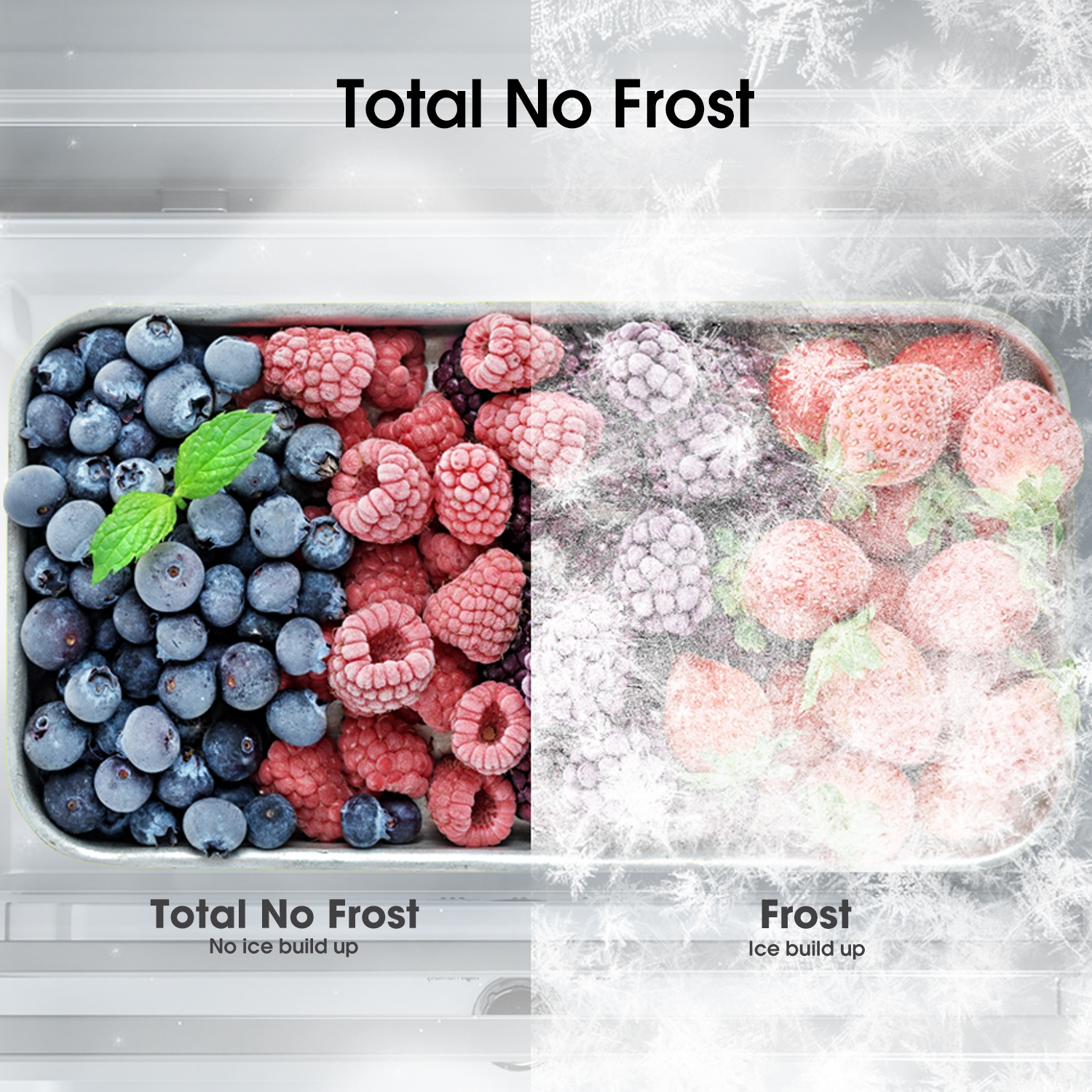Un'immagine divisa mostra Total No Frost vs. Frost. Un lato ha mirtilli, lamponi e more. L'altro lato ha fragole congelate.