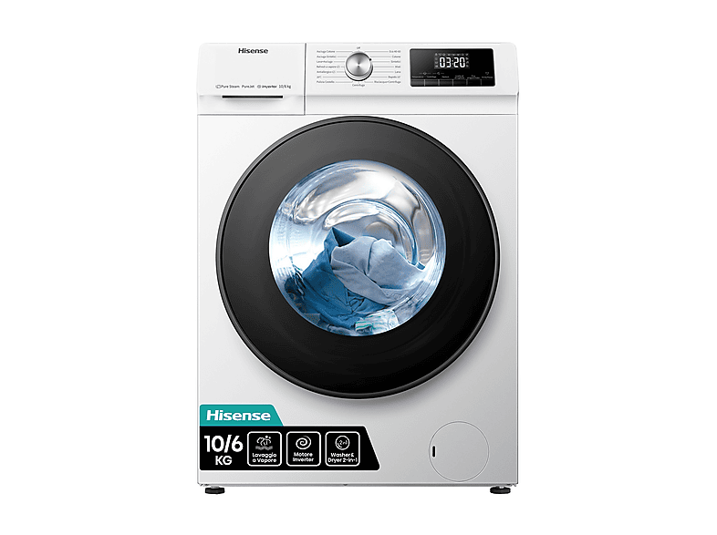 Hisense Wdqa1014Evjm Lavasciuga, Caricamento frontale, capacità lavaggio 10 kg, asciugatura 6 15 programmi, Profondità 61 cm, Bianco, Classe A