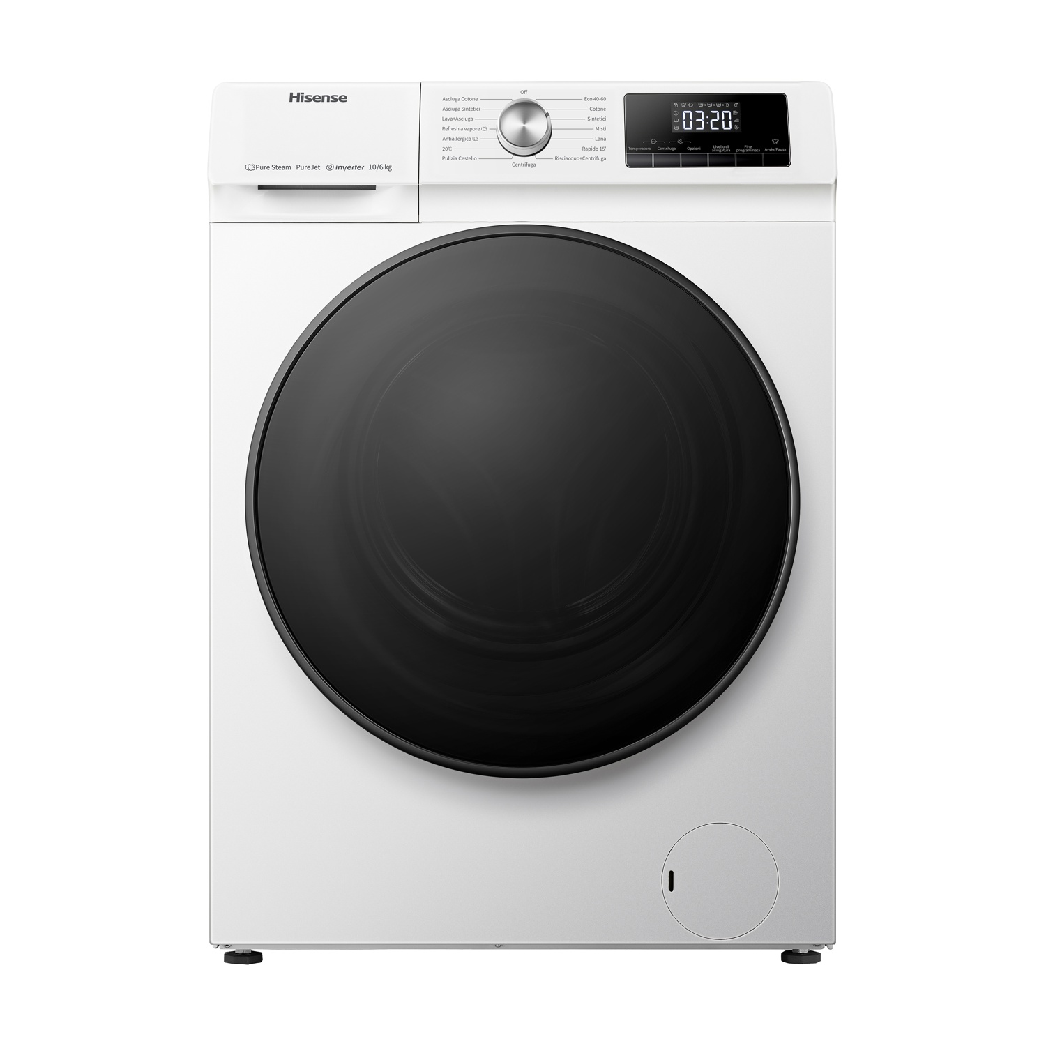 Una lavatrice Hisense bianca con porta nera. Ha un display digitale e un pannello di controllo con varie impostazioni.