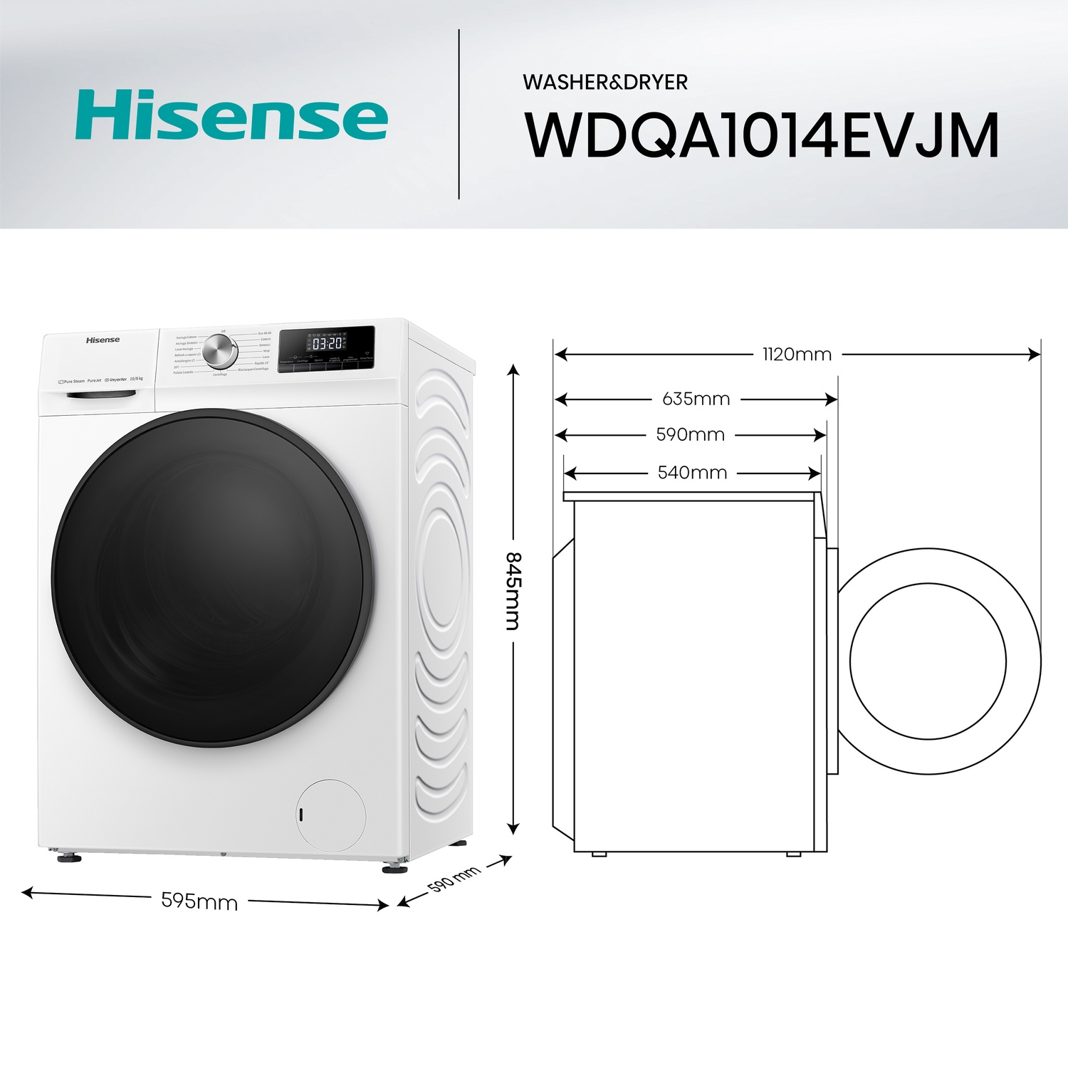Una lavatrice e asciugatrice Hisense bianca con porta nera e display digitale. Dimensioni in millimetri.