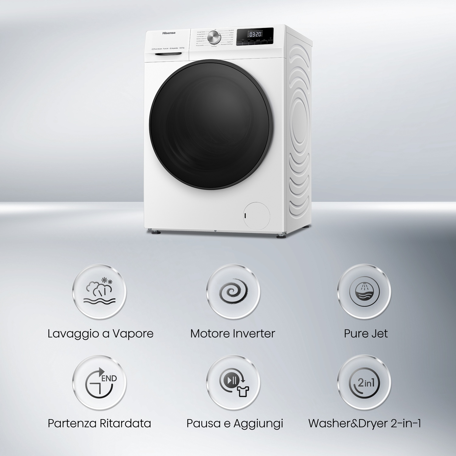 Una lavatrice Hisense bianca con porta nera e display digitale. Funzioni: lavaggio a vapore, motore inverter e lavatrice/asciugatrice 2 in 1.