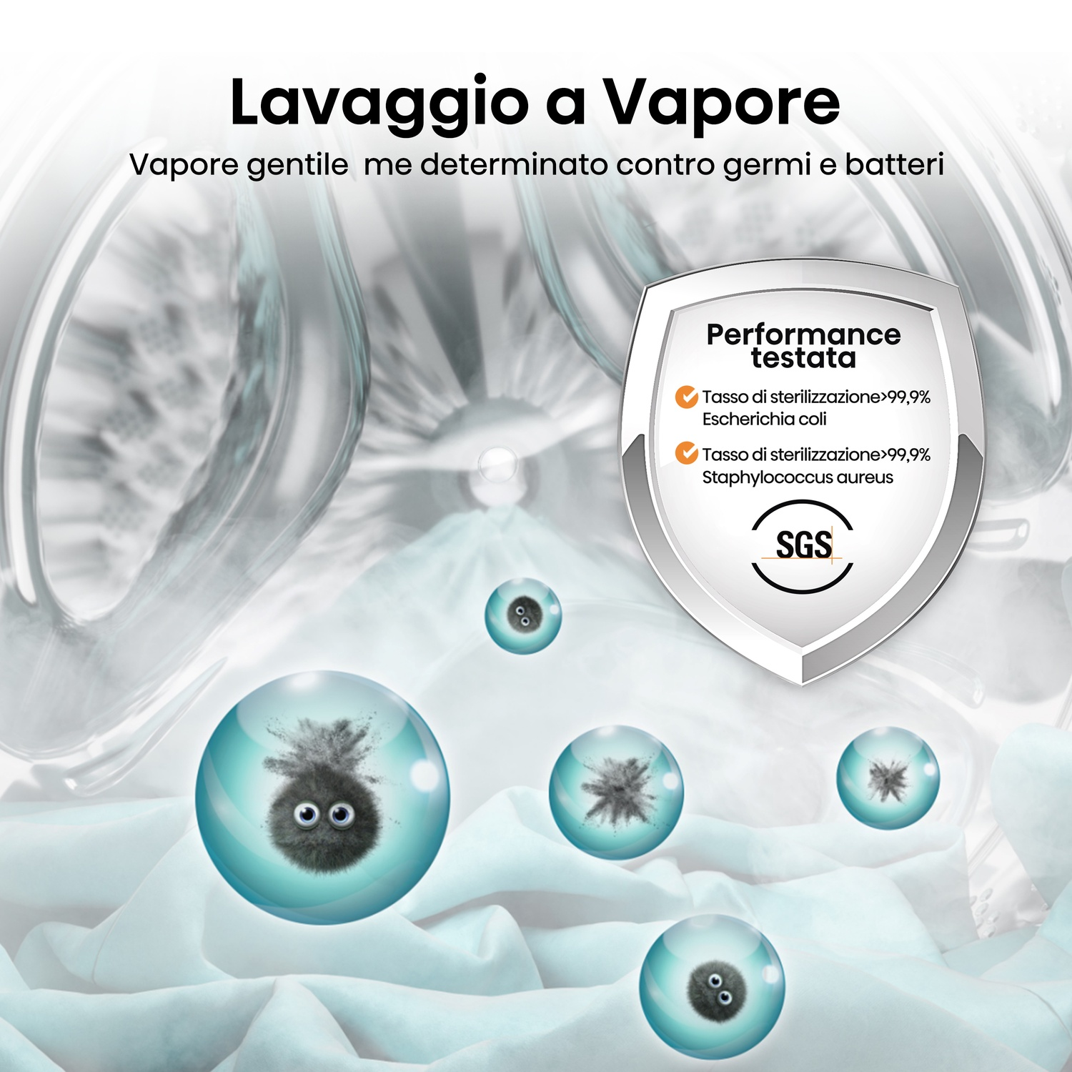 L'immagine mostra il concetto di lavaggio a vapore. Bolle con germi, uno scudo con info di sterilizzazione e testo 'Lavaggio a Vapore'.