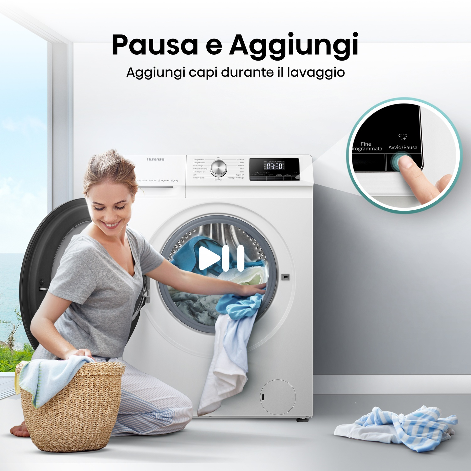 Donna che aggiunge vestiti a una lavatrice. Un cesto è accanto a lei. La macchina ha un display digitale e controlli touch.