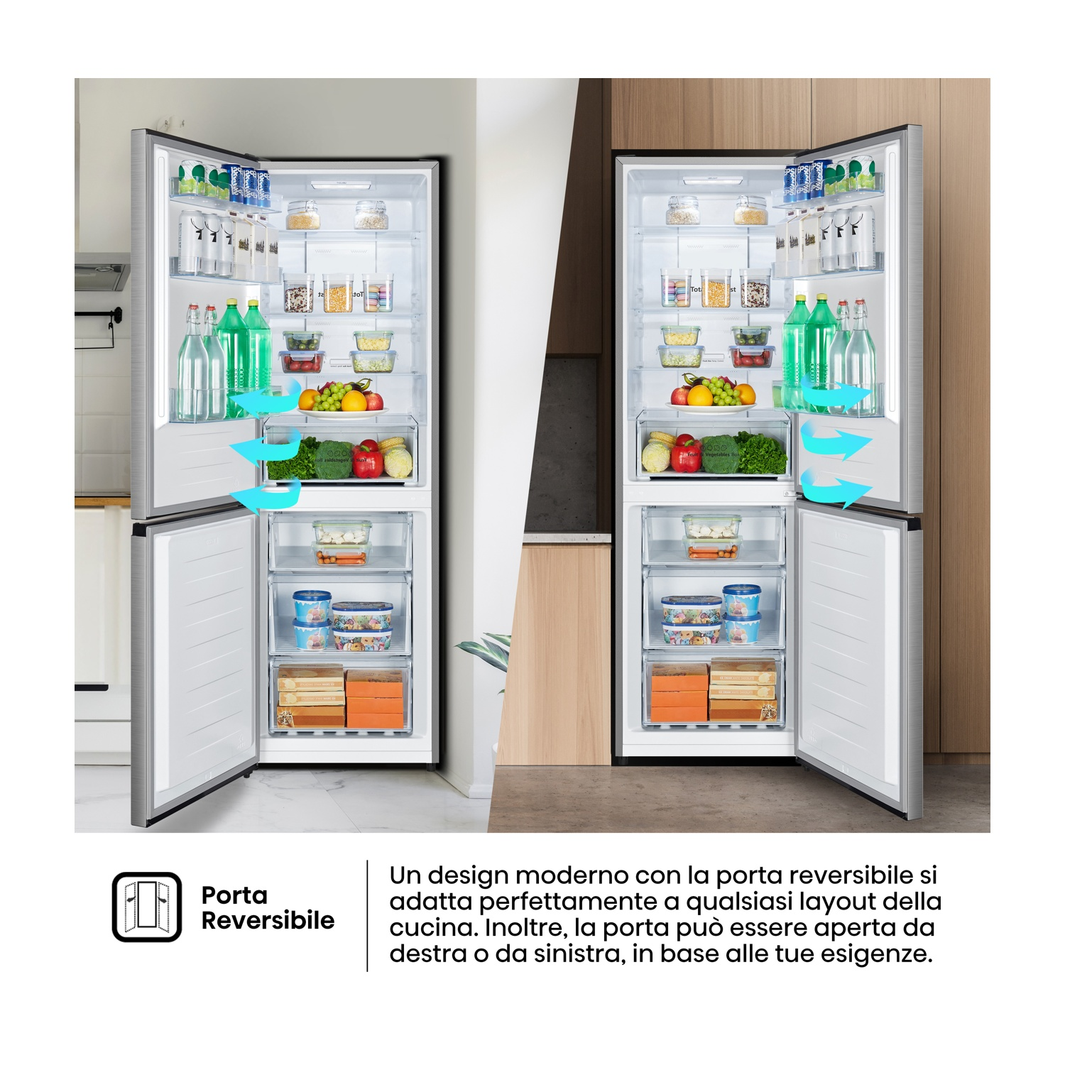 Un frigorifero con le porte aperte, che mostra ripiani pieni di alimenti. Frutta, verdura, bevande e contenitori sono visibili, con frecce blu.