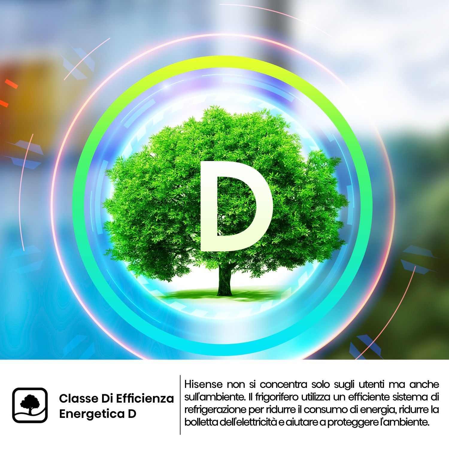 Un albero verde con una 'D' bianca all'interno di un design circolare blu e verde. Testo: 'Classe Di Efficienza Energetica D'.