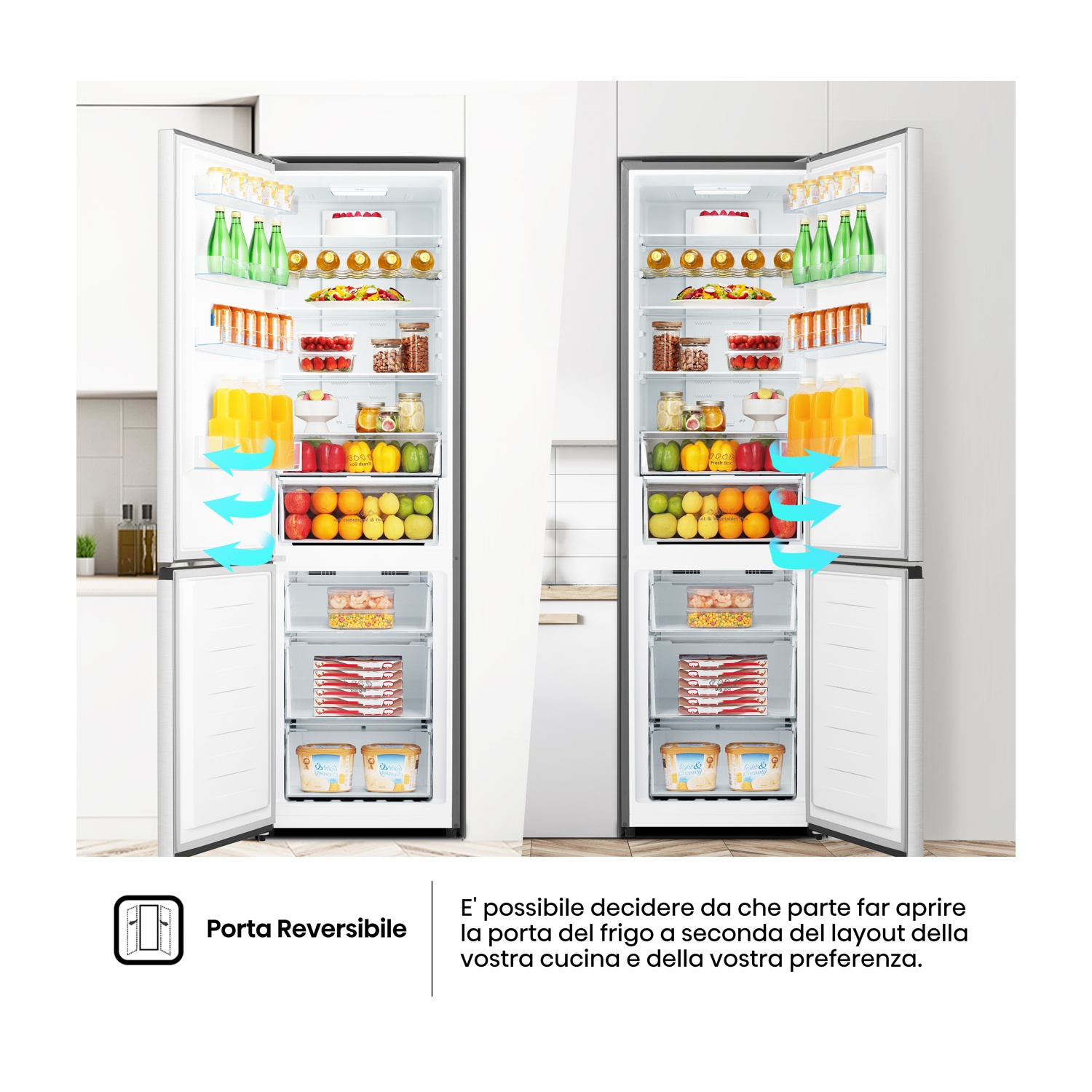 Un frigorifero a doppia porta con porte aperte, pieno di generi alimentari. La porta sinistra mostra scaffali di cibo e bevande, la destra è simile.
