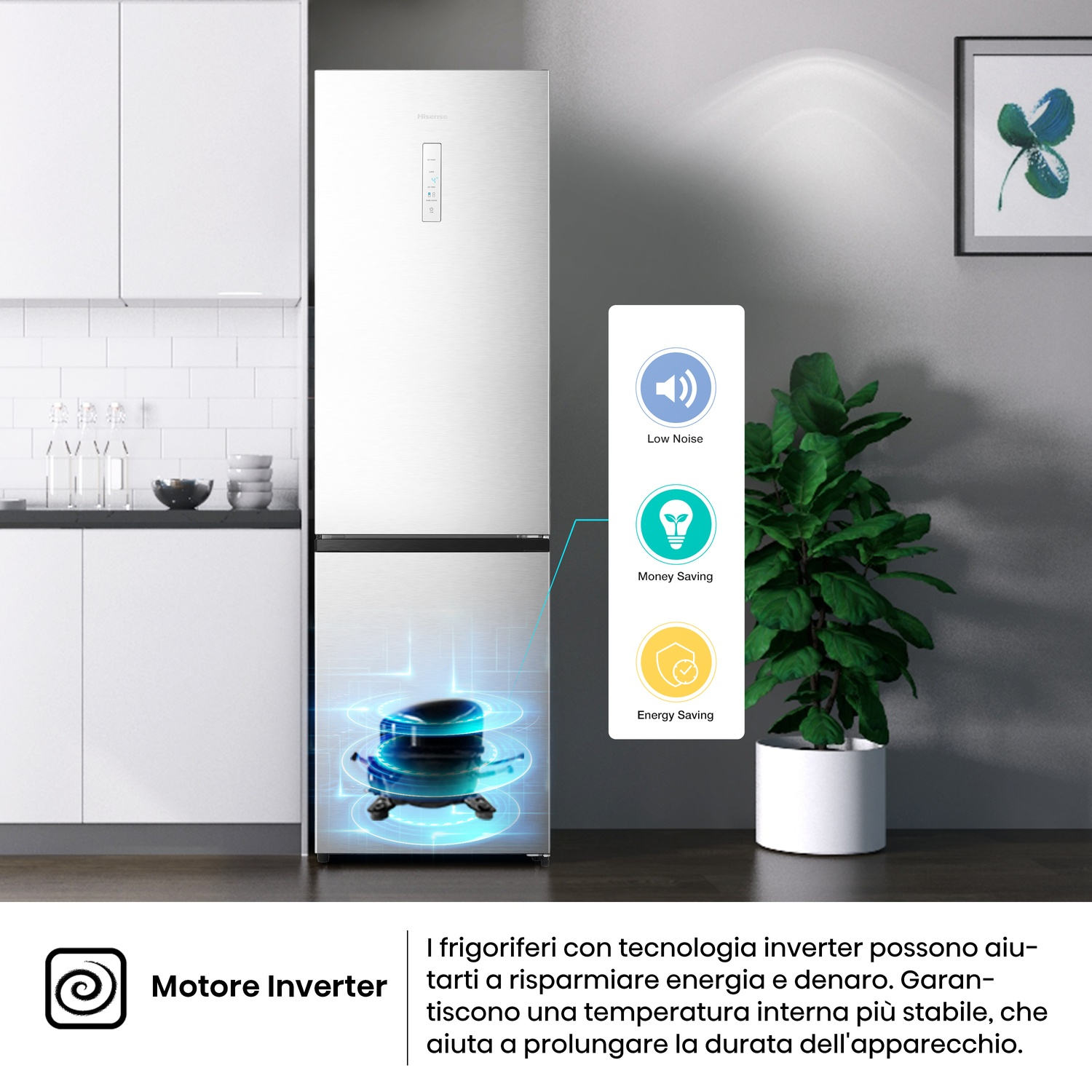 Un frigorifero argentato con compressore evidenziato, icone per basso rumore, risparmio energetico. Una pianta in un vaso bianco e un trifoglio incorniciato.