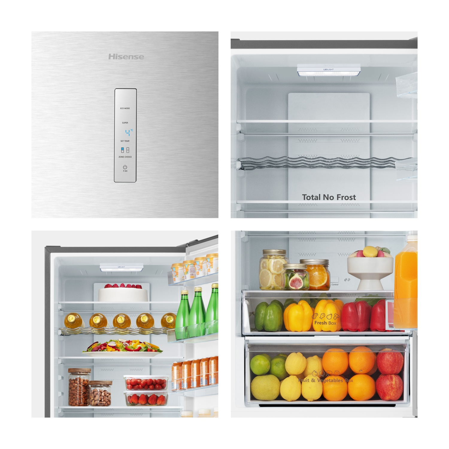 Frigorifero Hisense con display digitale. All'interno: ripiani con alimenti.