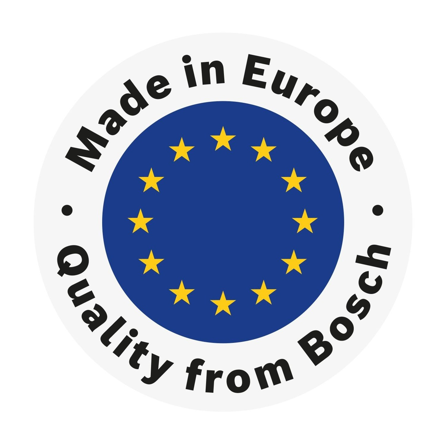 Logo circolare bianco con centro blu e stelle gialle, con la scritta: 'Made in Europe. Quality from Bosch'.