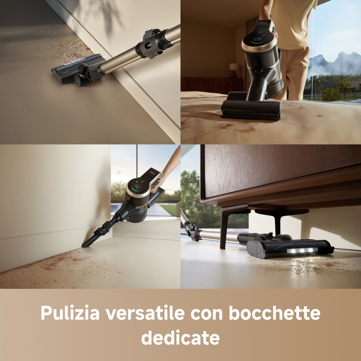 L'immagine mostra un aspirapolvere in uso su diverse superfici: pavimento, letto e sotto i mobili, dimostrando versatilità.