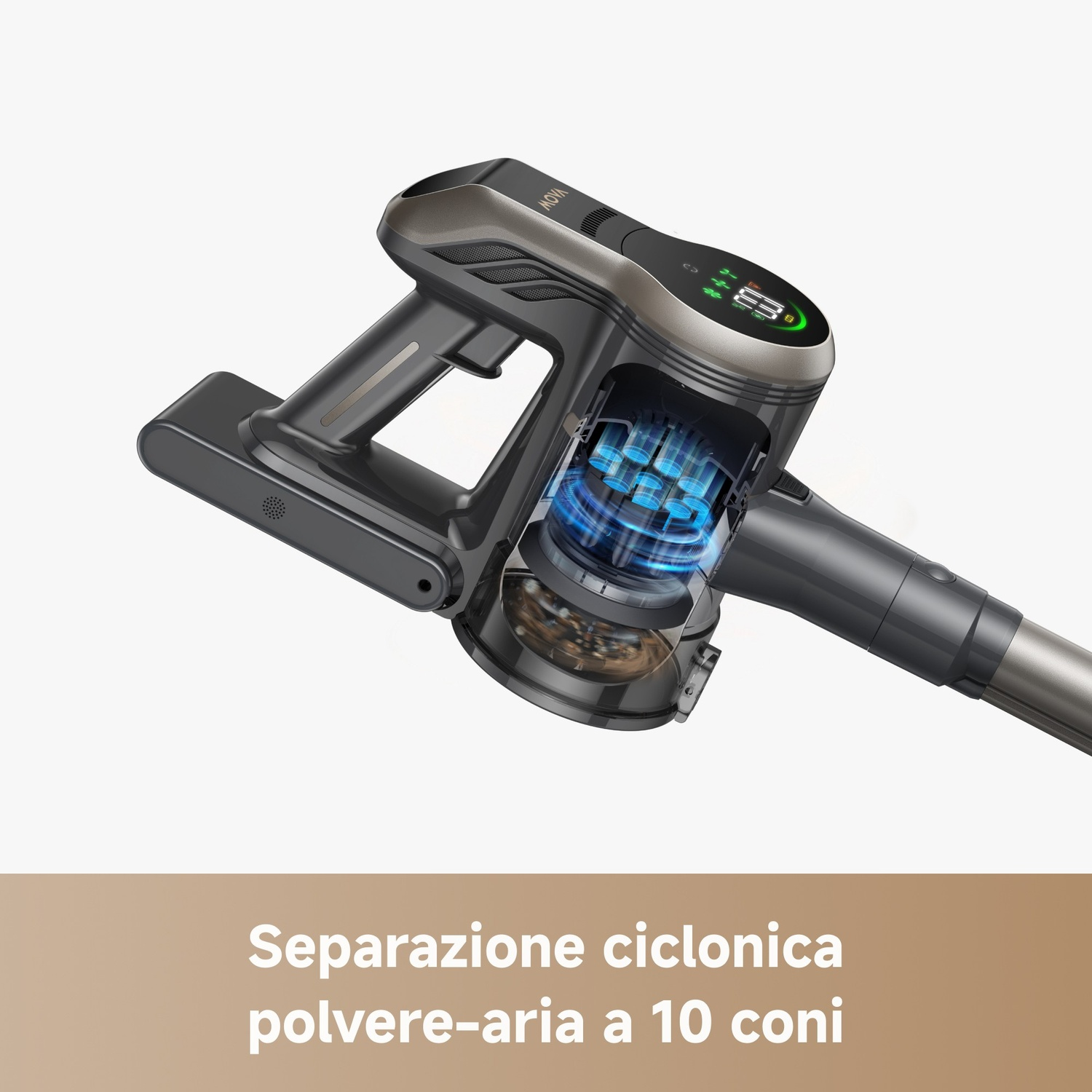 Un aspirapolvere senza fili grigio e nero con un'apertura che mostra i componenti interni e un display digitale.