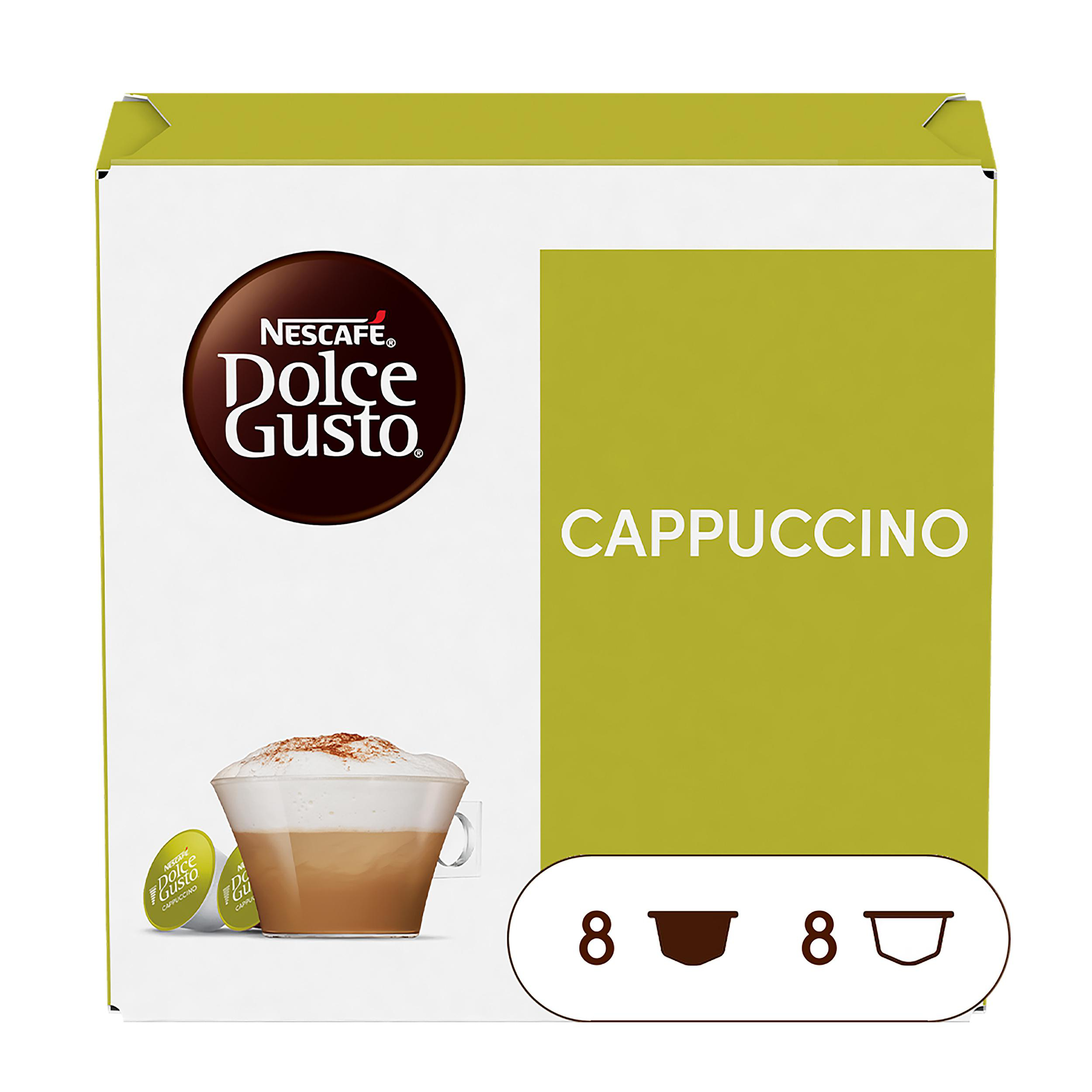 Schachtel Dolce Gusto Cappuccino. Enthält Kapseln und eine Tasse Cappuccino mit Schaum. Text auf der Schachtel enthält 'Cappuccino'.