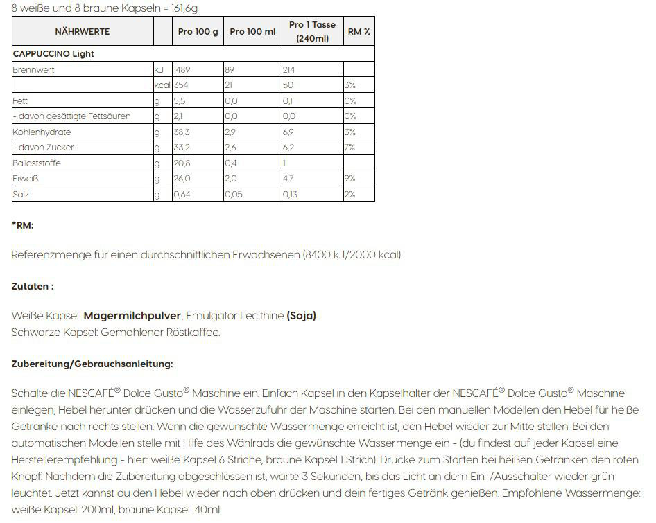 Nährwerttabelle für Cappuccino Light. Enthält Werte für Energie, Fett, Kohlenhydrate, Eiweiß und Salz in Gramm und Prozent.