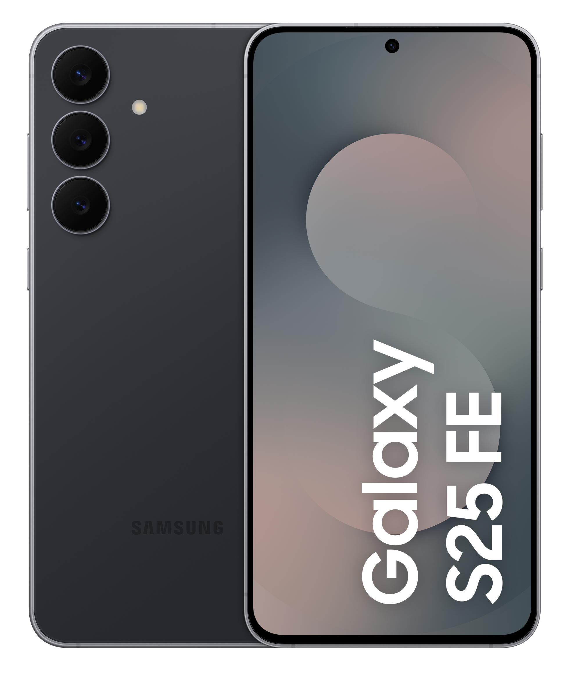 Smartfon z trzema tylnymi aparatami po lewej stronie, ekran z napisem 'Galaxy S25 FE' i czarnym tłem.