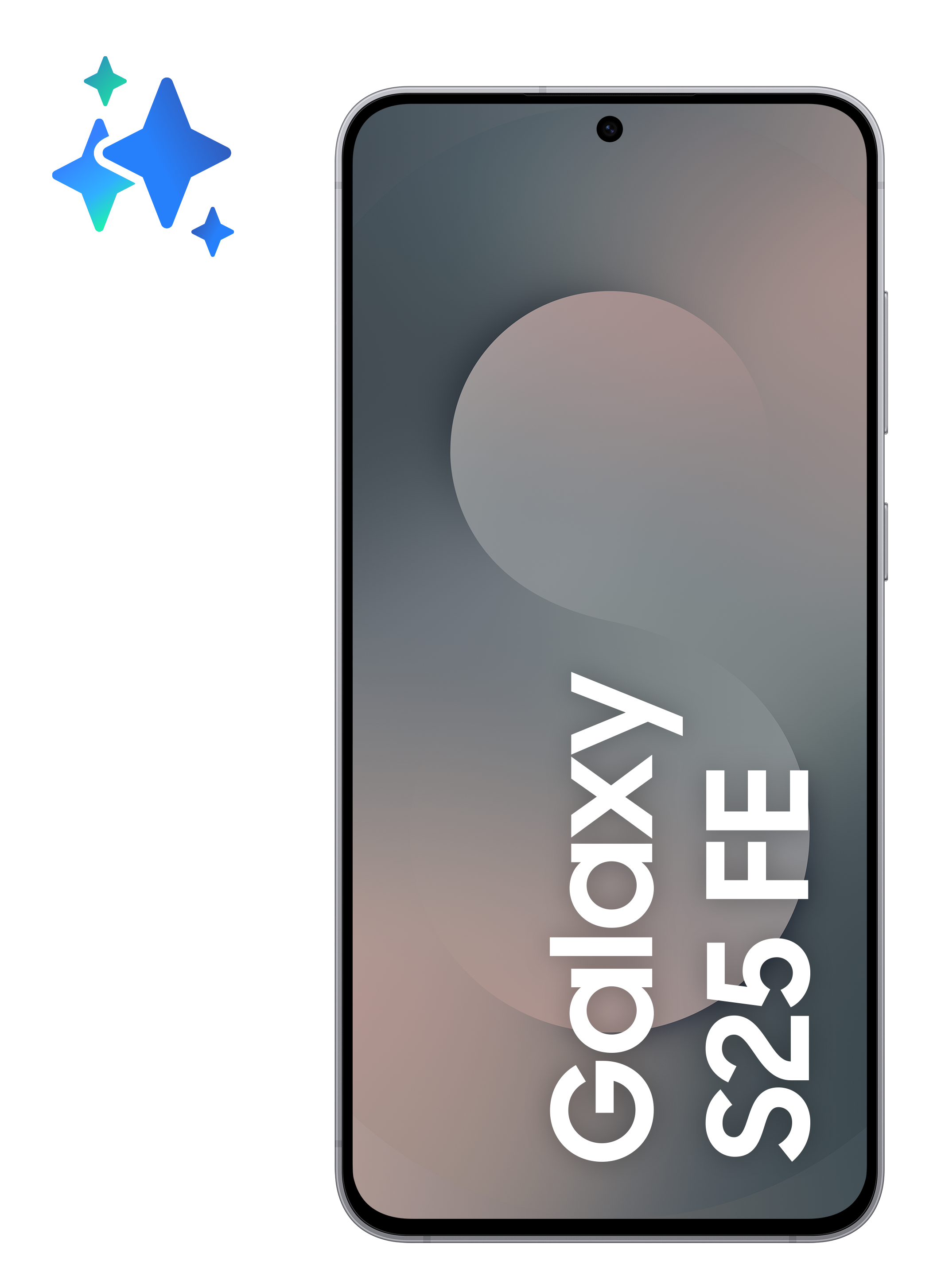 Smartfon z zakrzywionym ekranem wyświetla gradientowe tło. Tekst brzmi Galaxy S25 FE. Niebieskie gwiazdy po lewej.