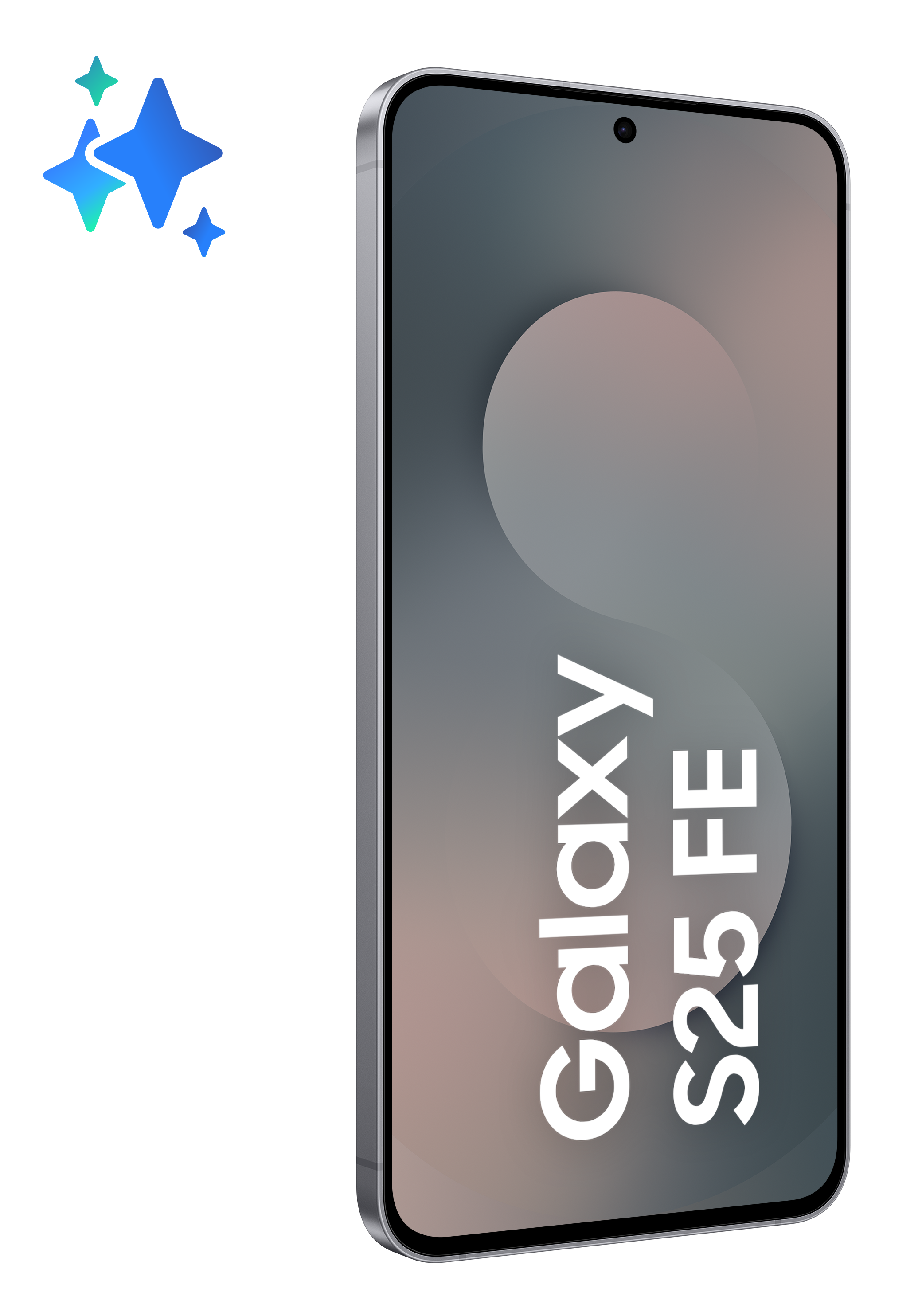 Wyświetlany jest smartfon z tekstem 'Galaxy S25 FE'. Trzy niebieskie gwiazdy znajdują się w lewym górnym rogu i czarne tło.