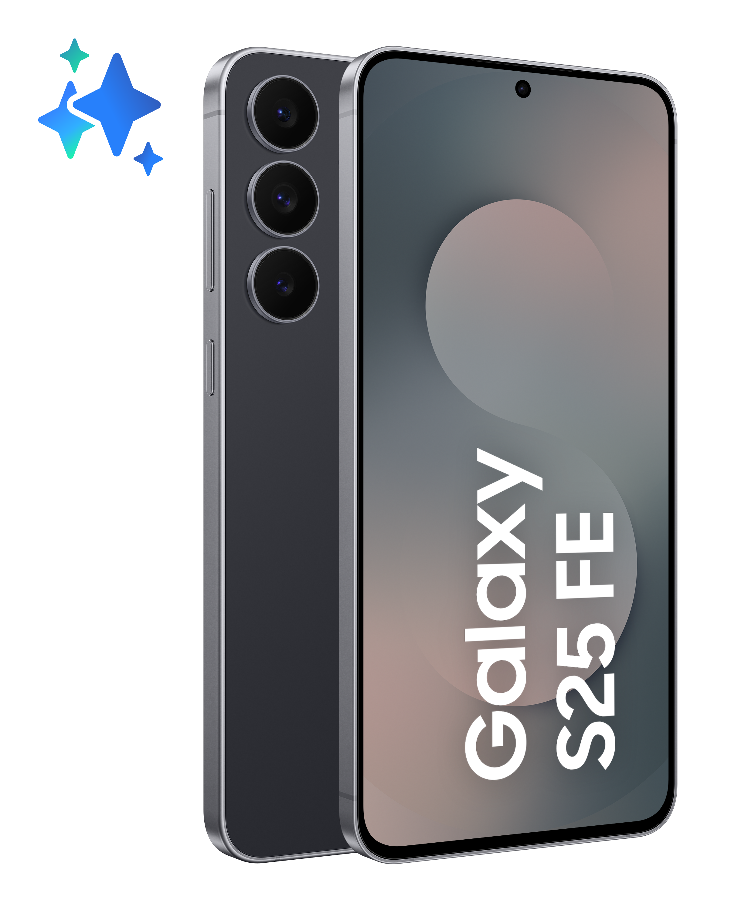 Smartfon z ciemnoszarą ramką i trzema aparatami, ekran wyświetla 'Galaxy S25 FE' na gradientowym tle.