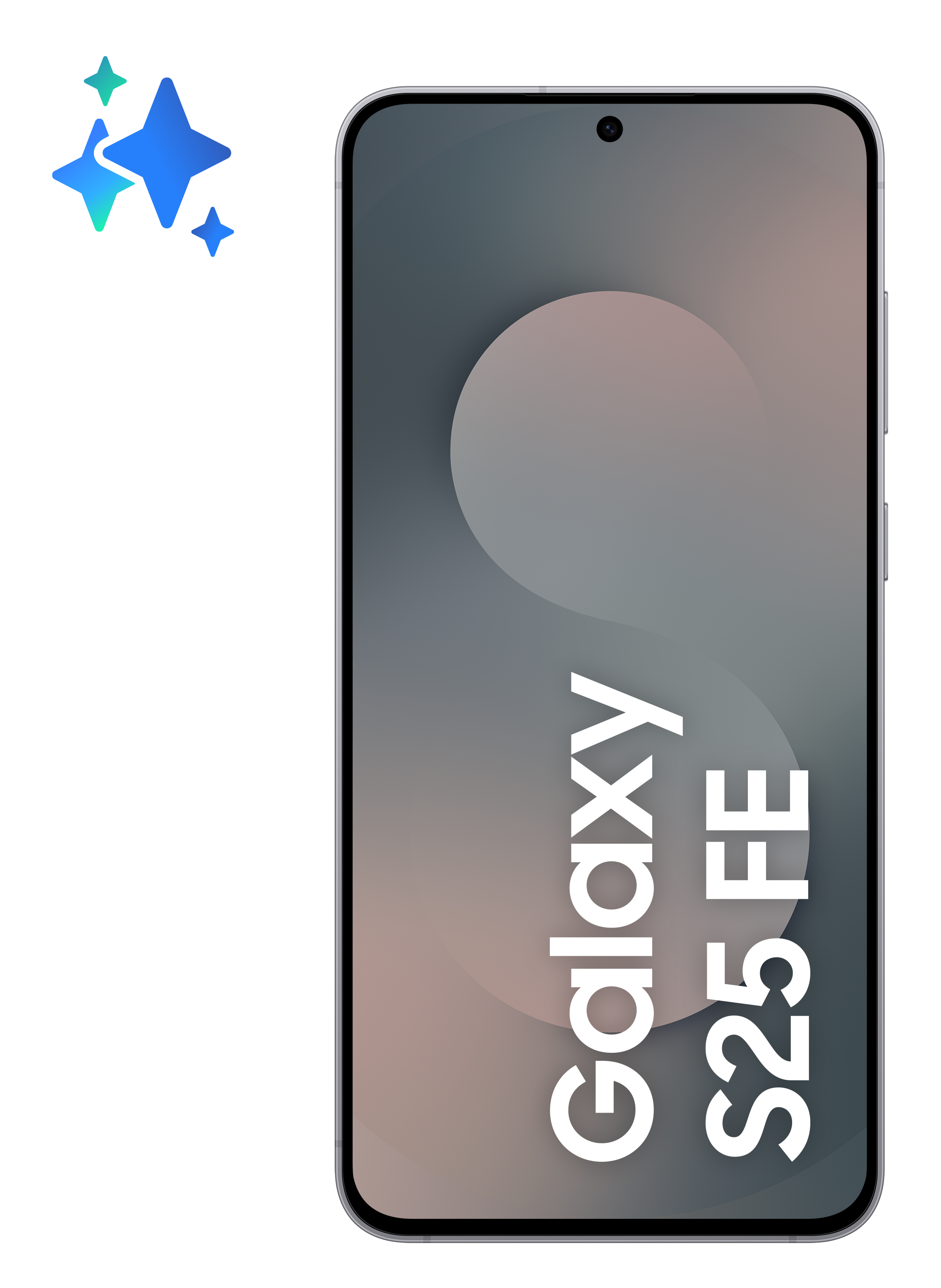 Smartfon na czarnym tle, z napisem Galaxy S25 FE na ekranie. Niebieskie gwiazdy po lewej.