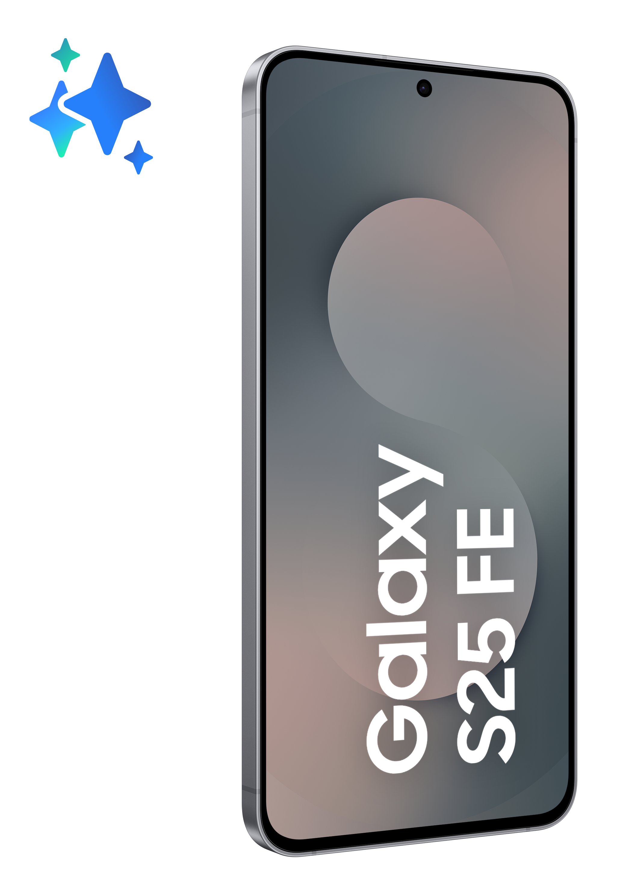 Smartfon ze srebrną ramką i wyświetlaczem z napisem Galaxy S25 FE na czarnym tle.