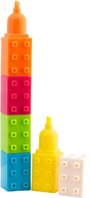 Kilka kolorowych zakreślaczy w kształcie budynków. Jeden wysoki stos, inne pojedyncze. Kolory to pomarańczowy, różowy, zielony, niebieski i żółty.