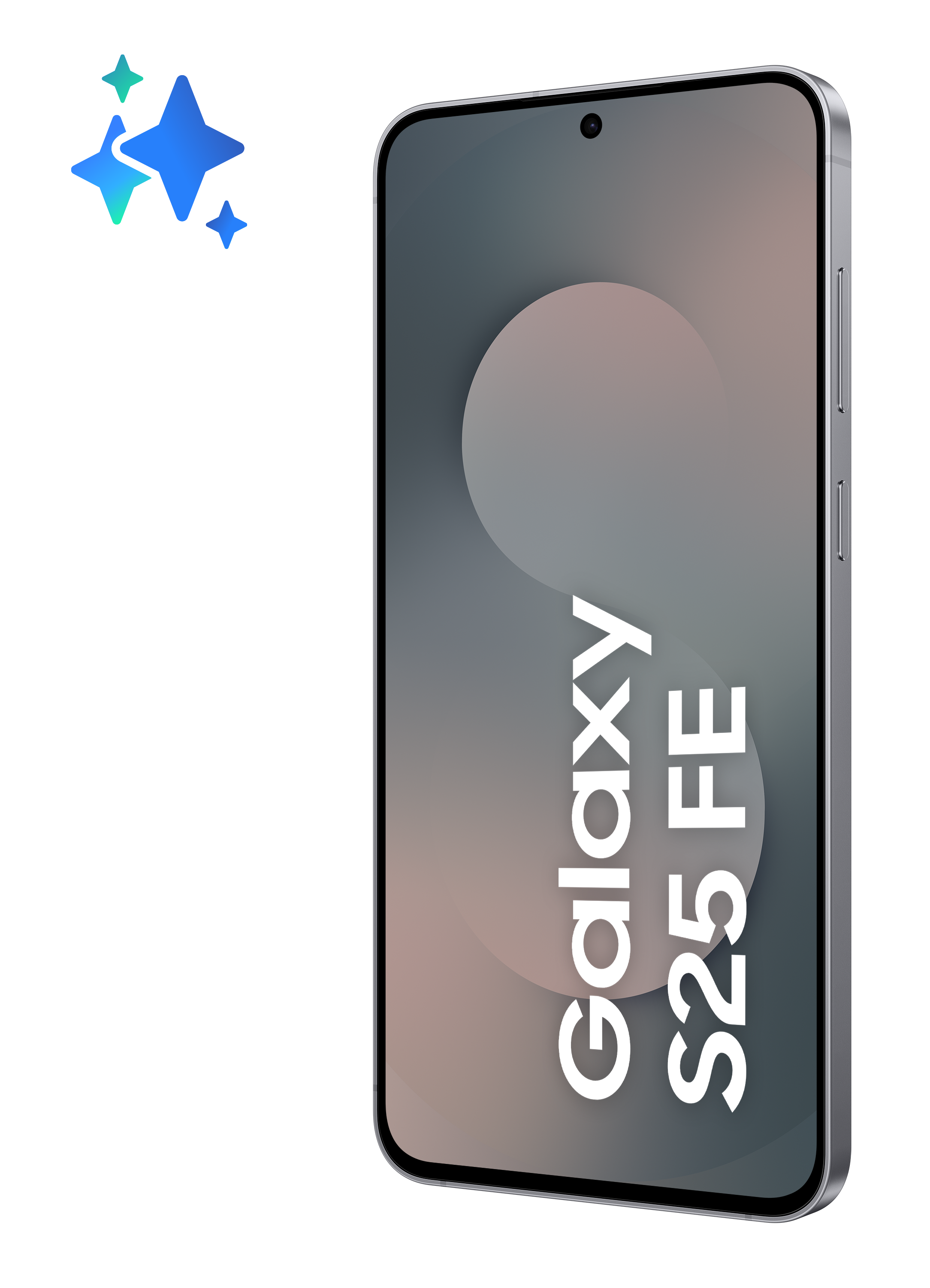 Srebrny smartfon z napisem 'Galaxy S25 FE' na ekranie. Trzy niebiesko-zielone gwiazdy po lewej stronie.
