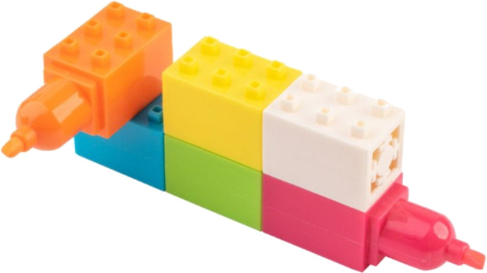 Zabawka wykonana z klocków i markerów. Ma różne kolory, takie jak pomarańczowy, żółty, zielony, biały i różowy.