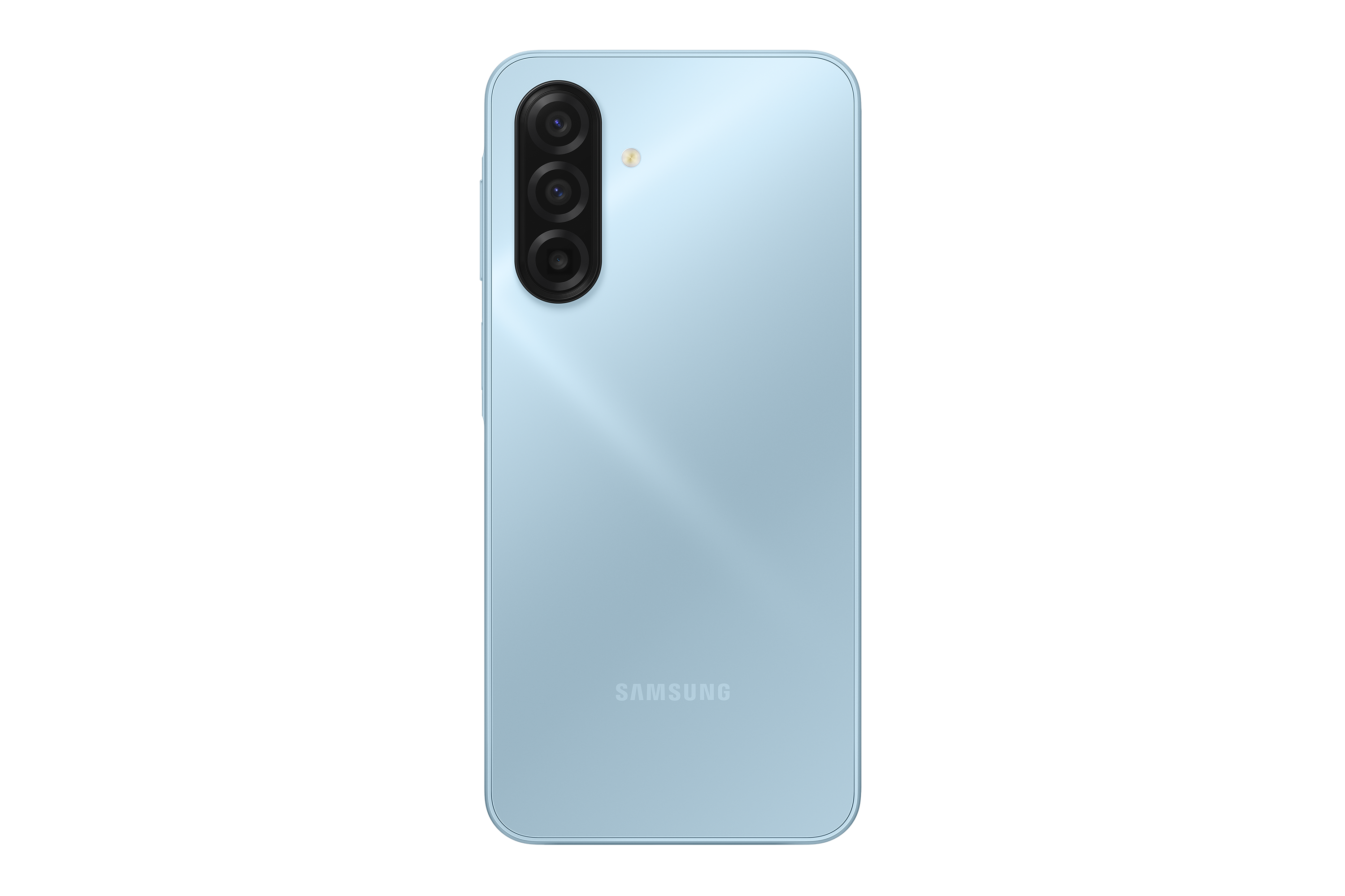 Világoskék Samsung telefon hátlapja. Három kamerája és egy vakuja van. A Samsung logó látható.