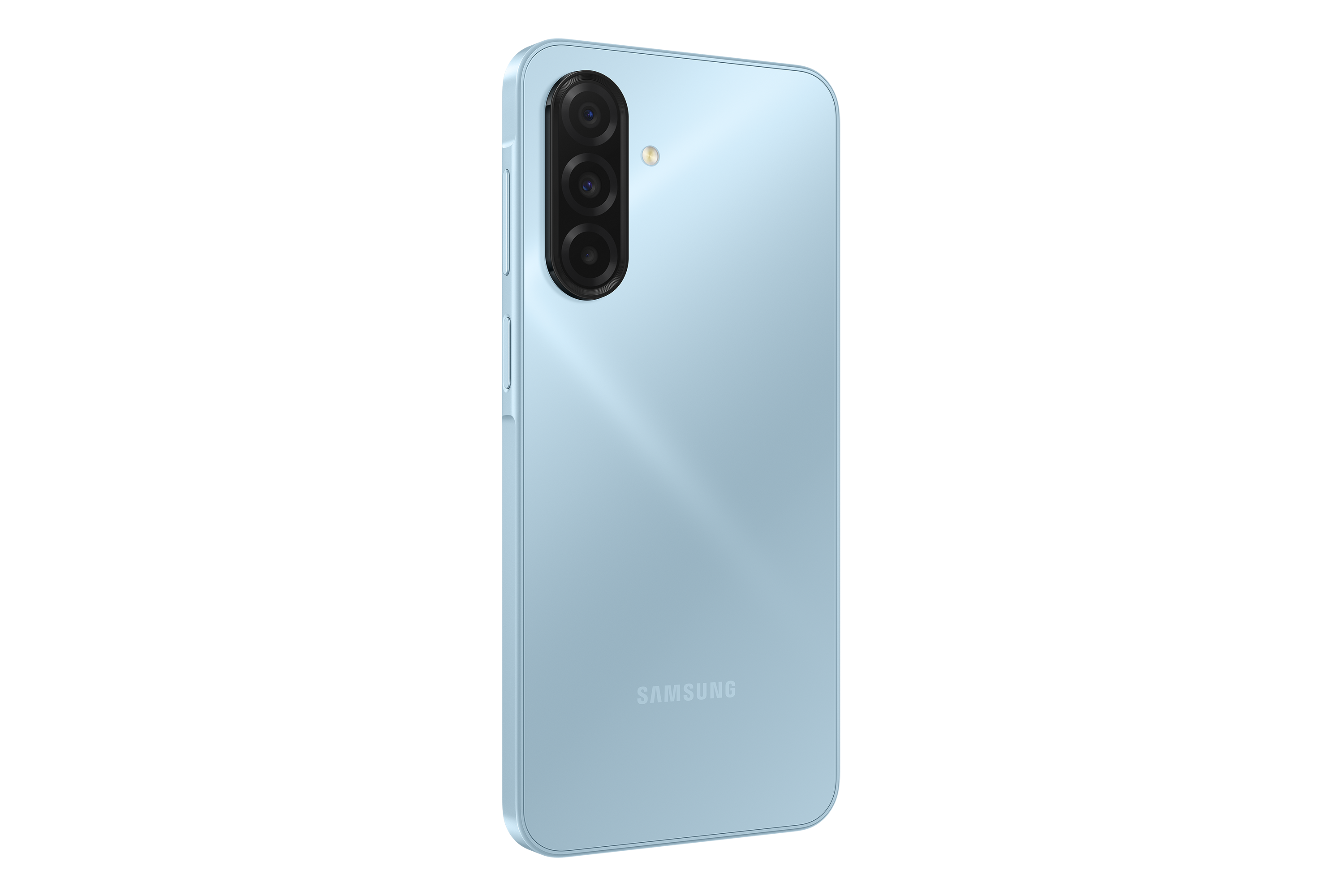 Egy világoskék Samsung telefon három kamerával a jobb oldalon. A háttér teljesen fekete.