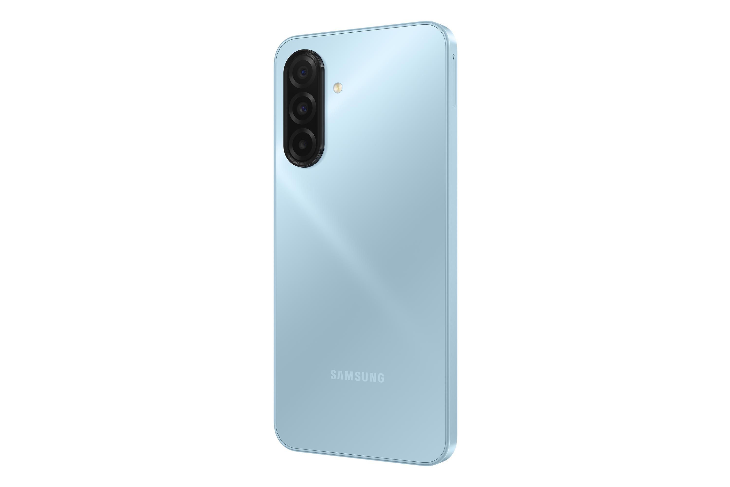Világoskék Samsung okostelefon fekete háttérrel. Három hátlapi kamerája és a Samsung logója van.