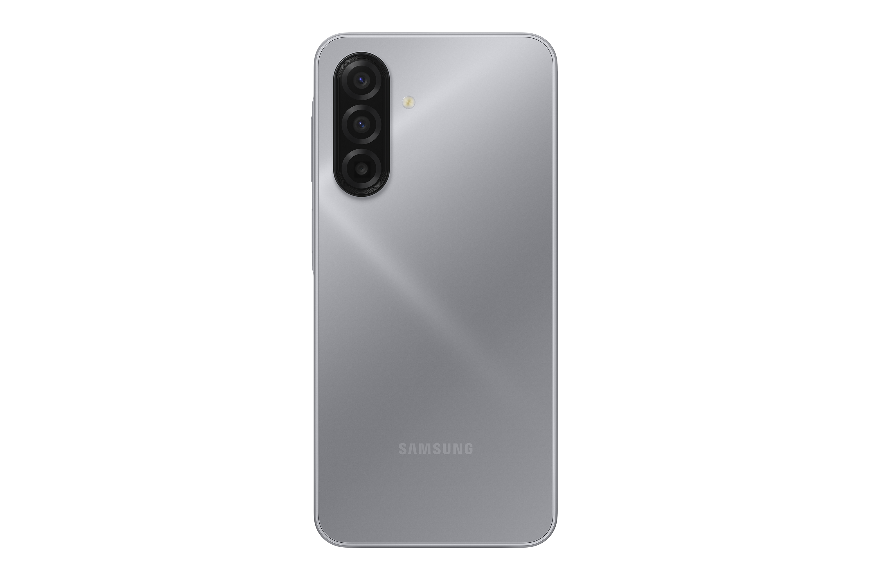 Világosszürke okostelefon hátulról. Három kamerája és egy vakuja van bal felül. A Samsung logója alul található.