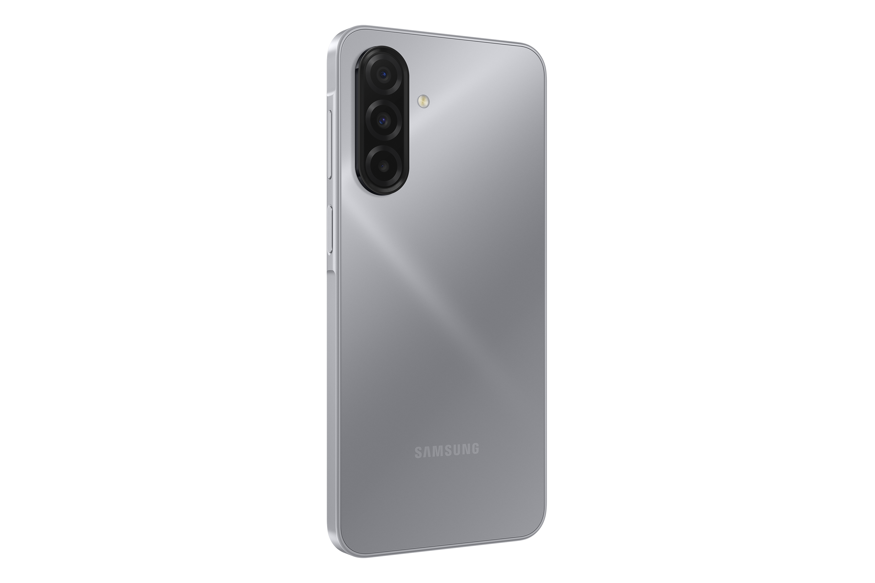 Ezüst Samsung telefon fekete háttéren. Három kamerával és Samsung logóval rendelkezik. Elegáns design.