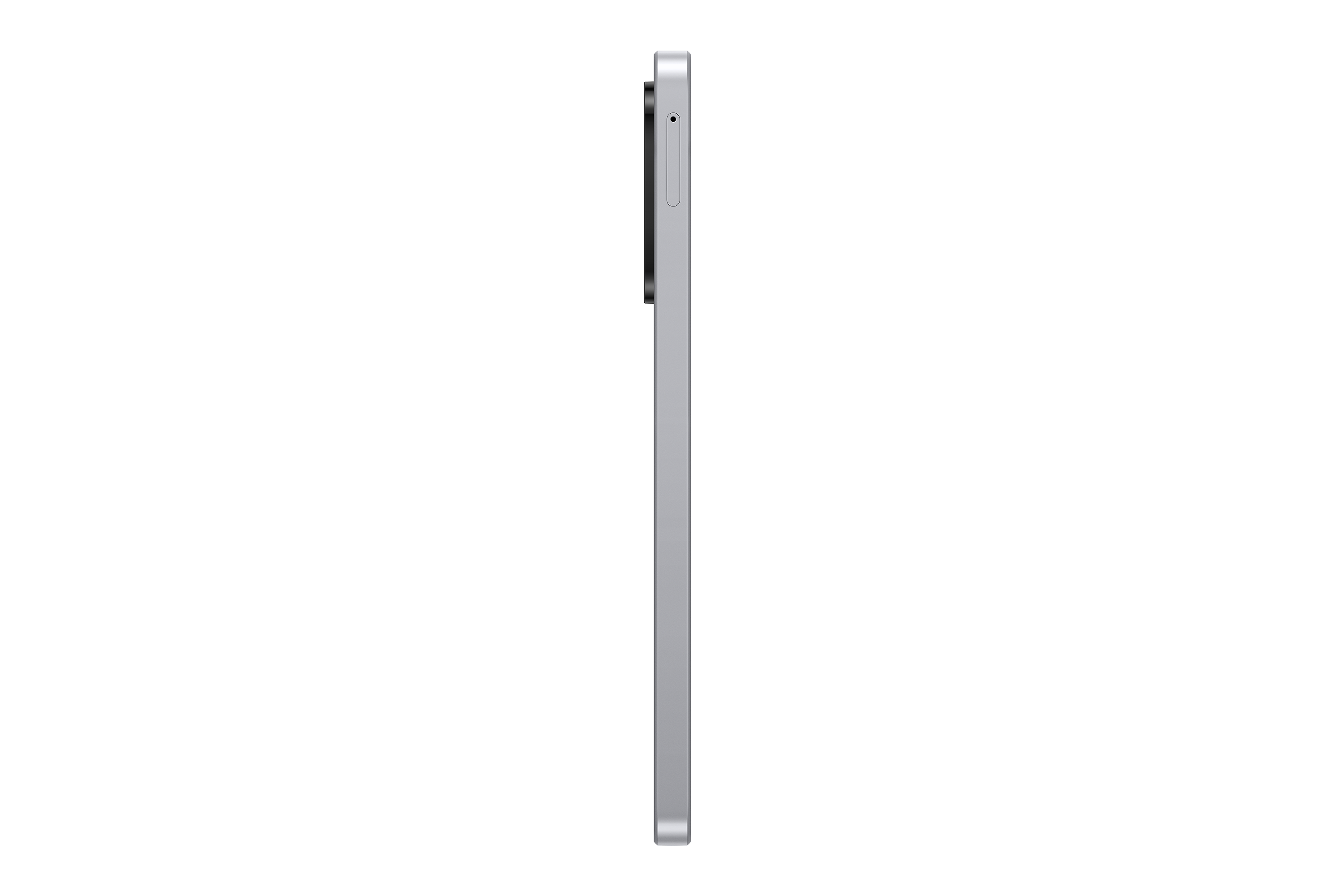 Egy szürke tablet oldalsó nézete fekete háttér előtt. A tableten kamera és port található.
