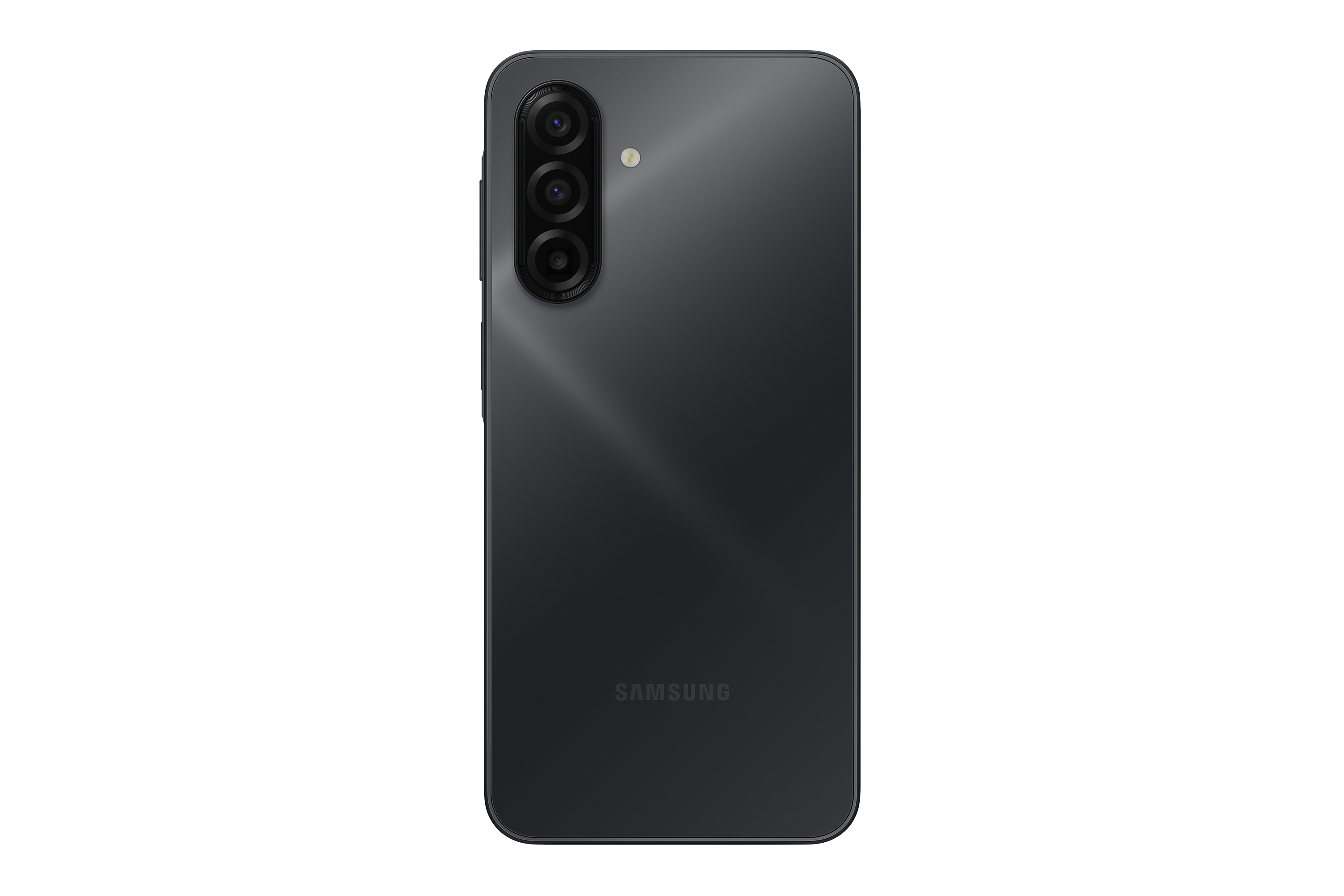 Egy sötétszürke Samsung okostelefon hátulja látható. A telefonon három kamera lencse, egy vaku és a Samsung logója található.