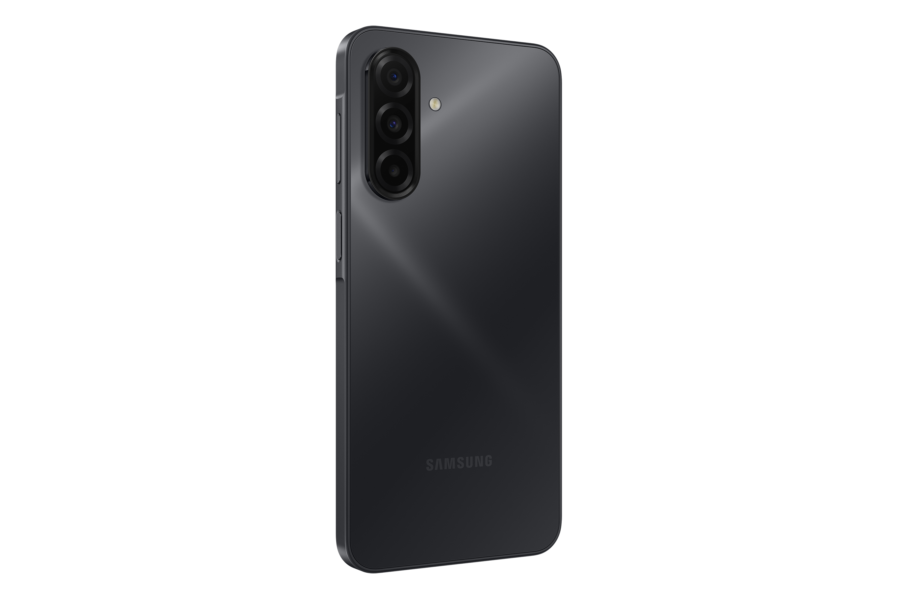 Sötétszürke Samsung okostelefon, hátulnézet, három kamerával és vakuval. A háttér fekete.