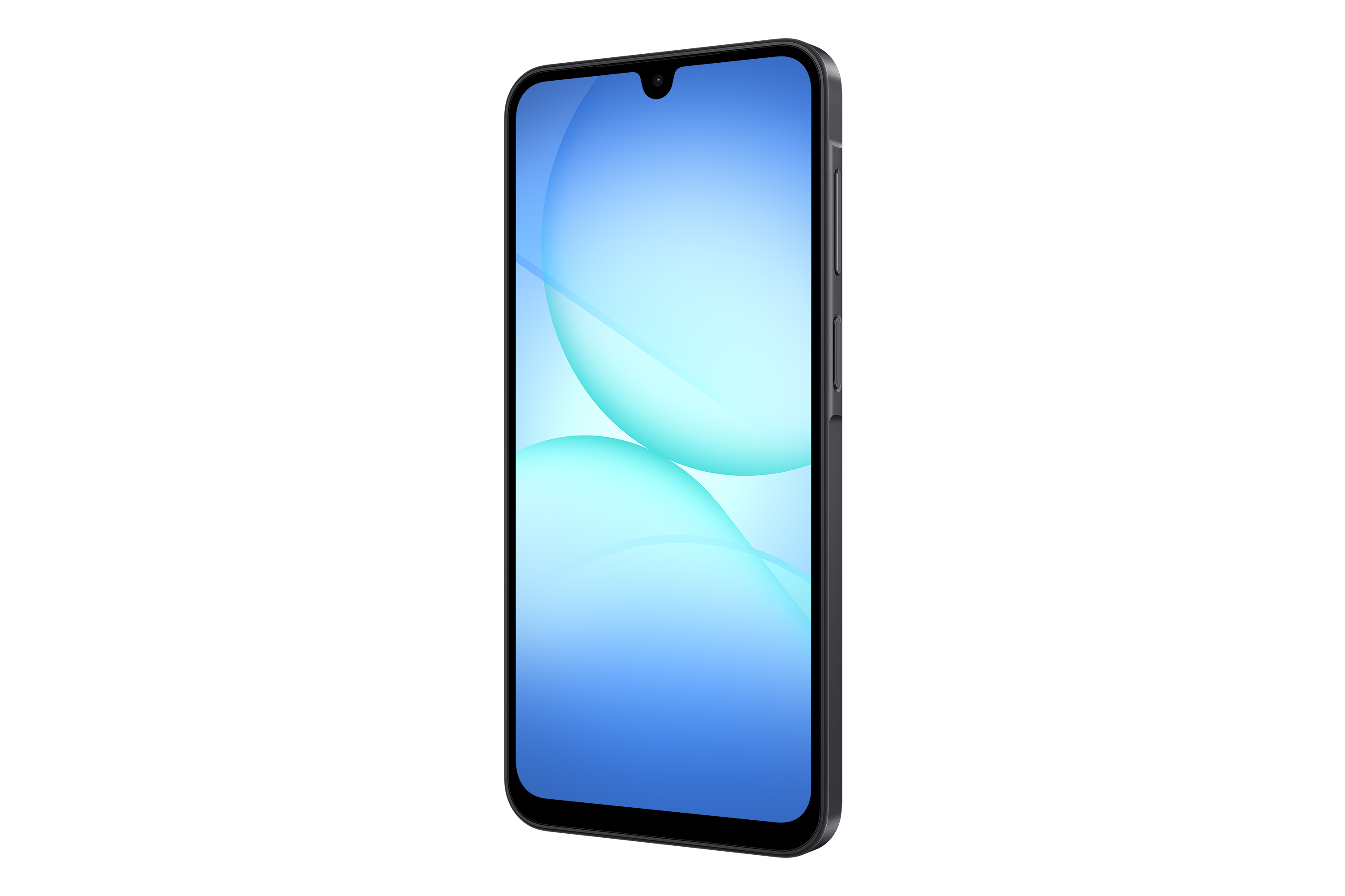 Egy okostelefon kék színátmenetes képernyővel, fekete háttér előtt. A telefon oldalról látható.