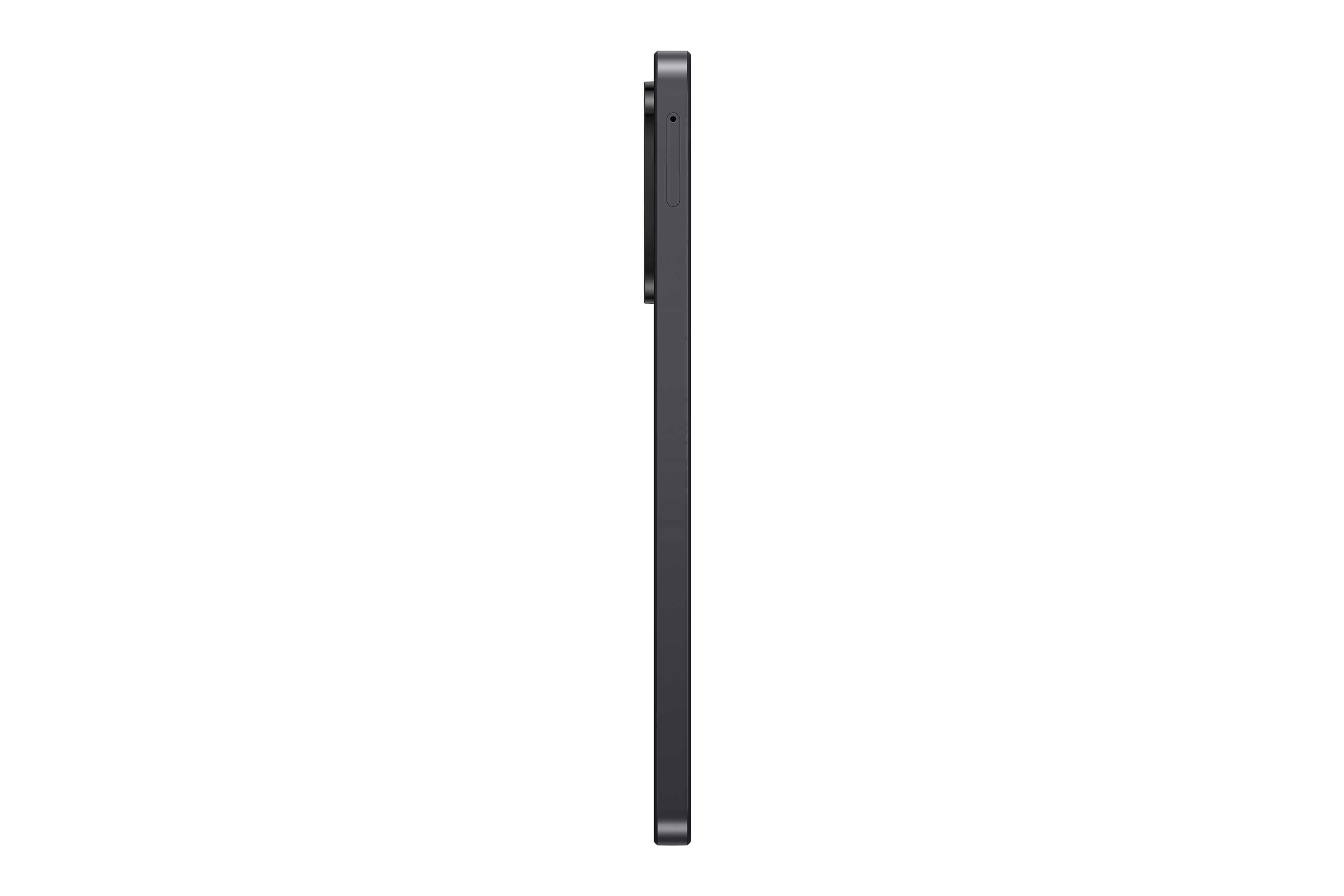 Sötét tablet oldalsó nézete fekete háttérrel. A tablet középen van és függőleges.