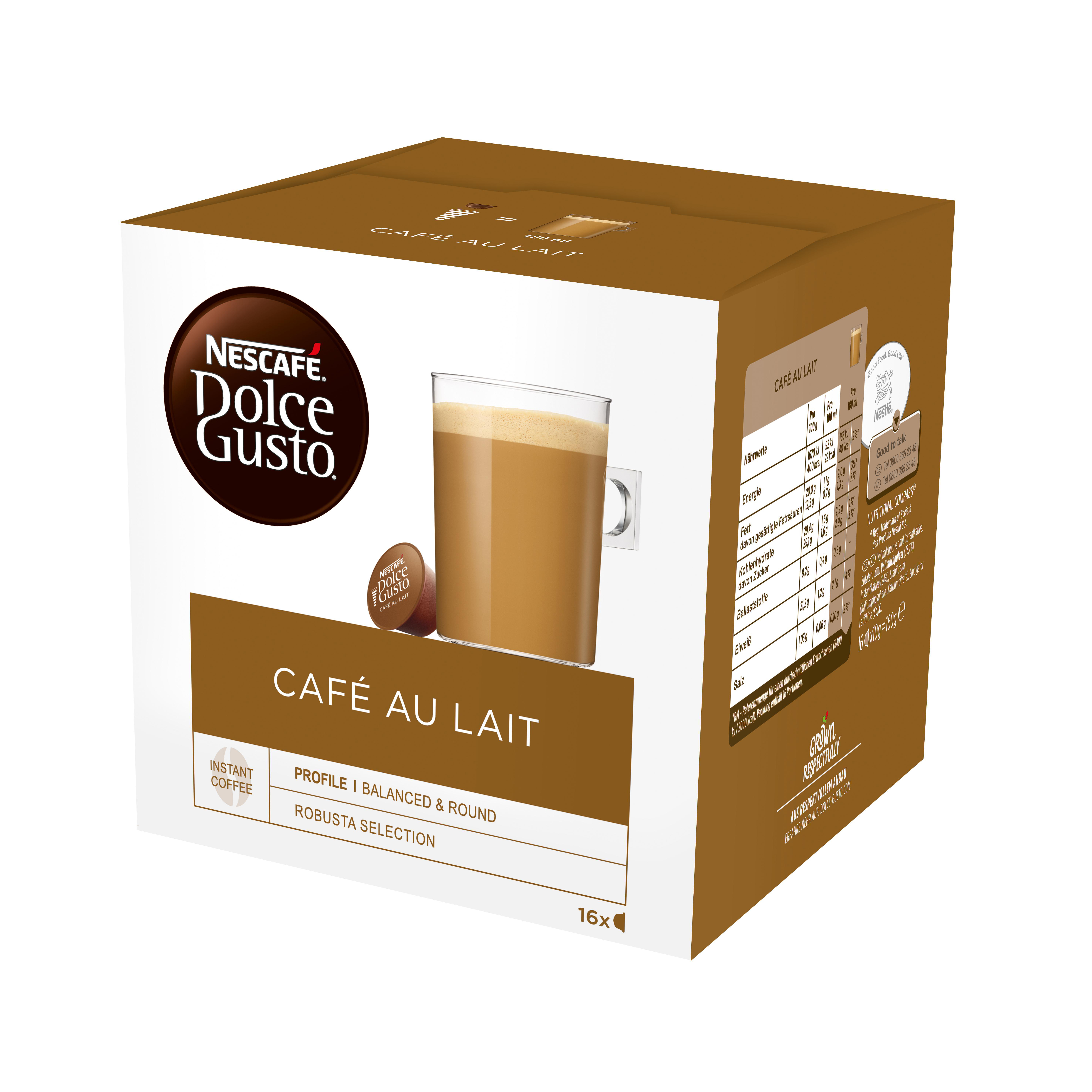 Eine braune Schachtel mit Nescafe Dolce Gusto Cafe au Lait Kaffeepads. Auf der Schachtel befindet sich eine Kaffeetasse.