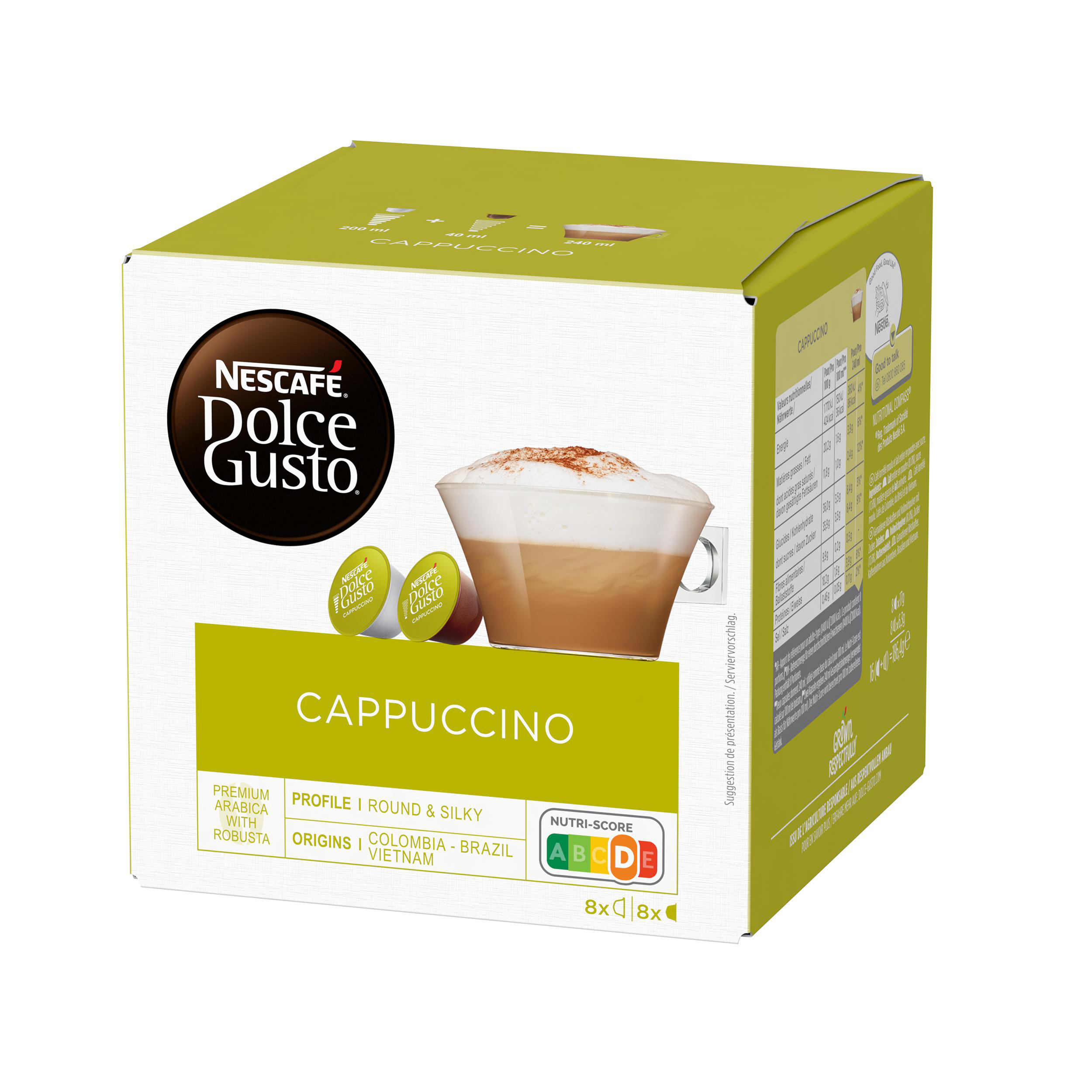 Eine grüne Schachtel mit Nescafe Dolce Gusto Cappuccino-Kapseln. Die Schachtel zeigt eine Tasse Cappuccino und das Markenlogo.