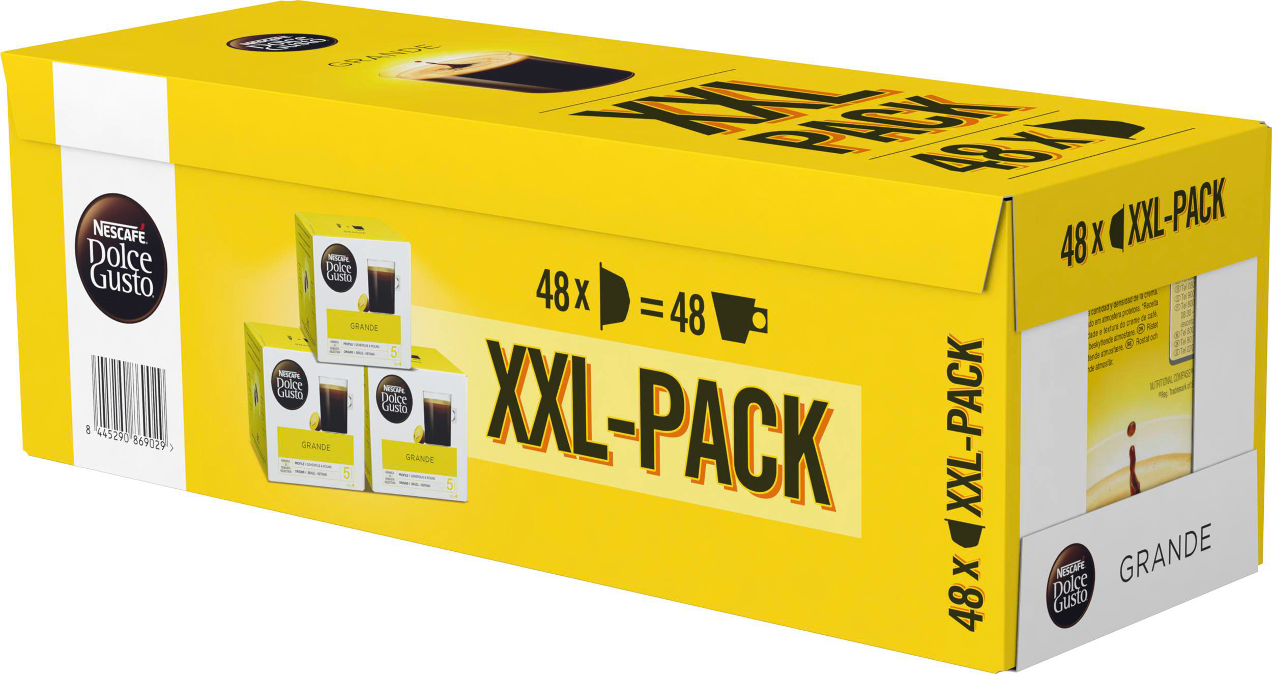 Eine gelbe XXL-Packung Kaffeekapseln. Es trägt 'Dolce Gusto' und 'Grande' Etiketten. Mehrere kleinere Boxen sind sichtbar.