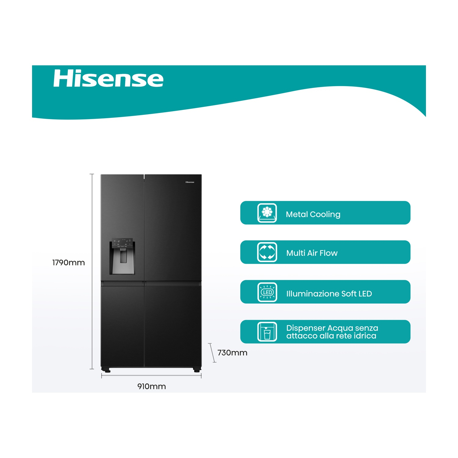 Un frigorifero Hisense nero. Caratteristiche: raffreddamento in metallo, multi flusso d'aria, illuminazione LED soffusa e dispenser acqua senza collegamento.