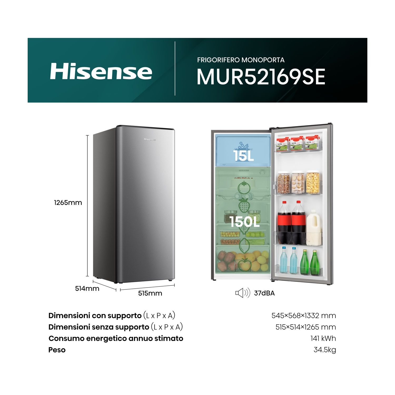 Viene mostrato un frigorifero Hisense, modello MUR52169SE. Ha un esterno grigio, vengono visualizzate le dimensioni e i contenuti interni.