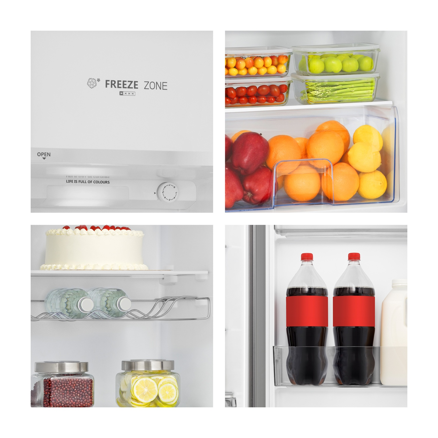 Interno del frigorifero: frutta, verdura, torta, bottiglie d'acqua e soda. Zona congelatore e manopola di controllo visibili.