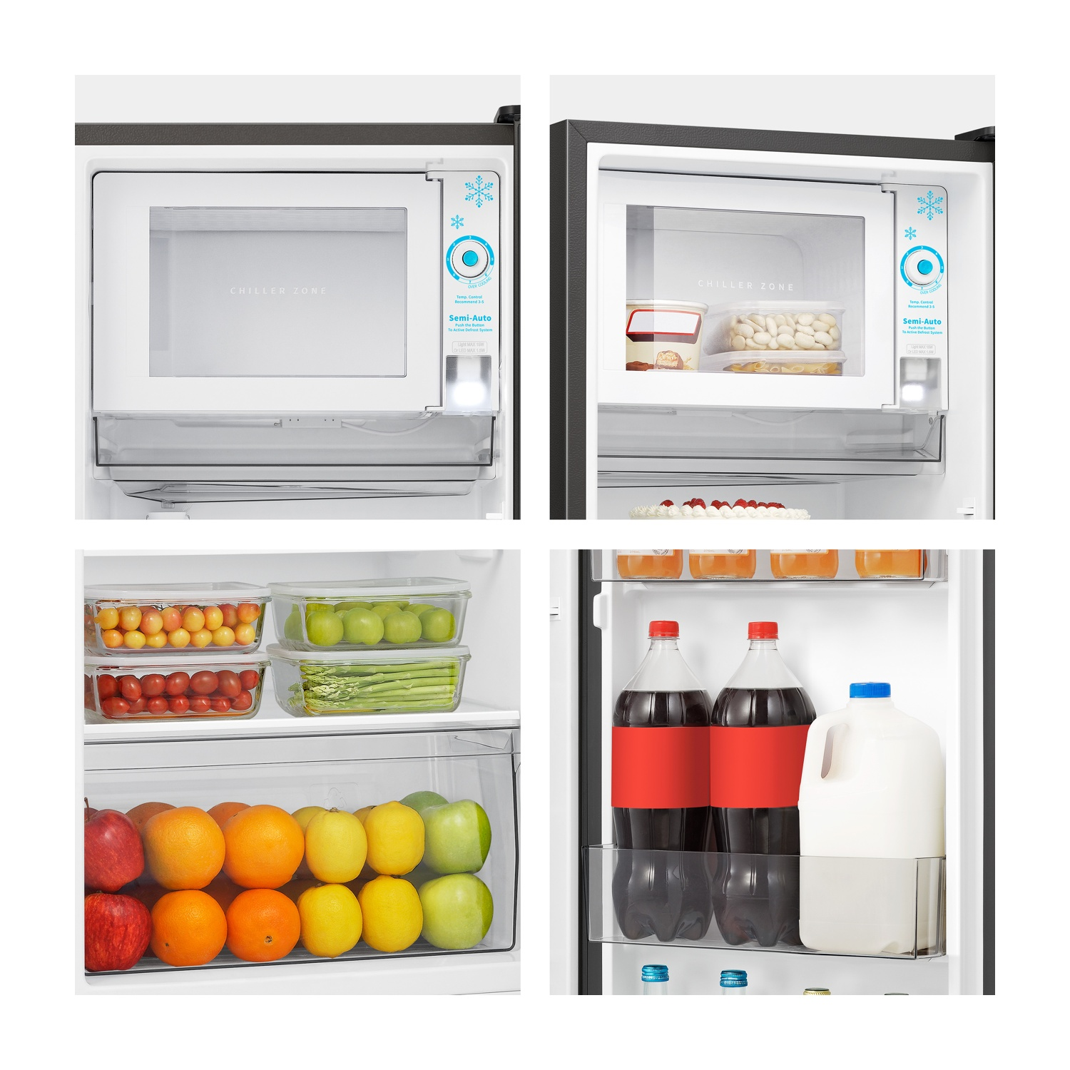 L'interno di un frigorifero mostra la zona refrigerante, frutta e bevande. Ci sono due bottiglie di soda e una brocca di latte, più frutta e verdura.