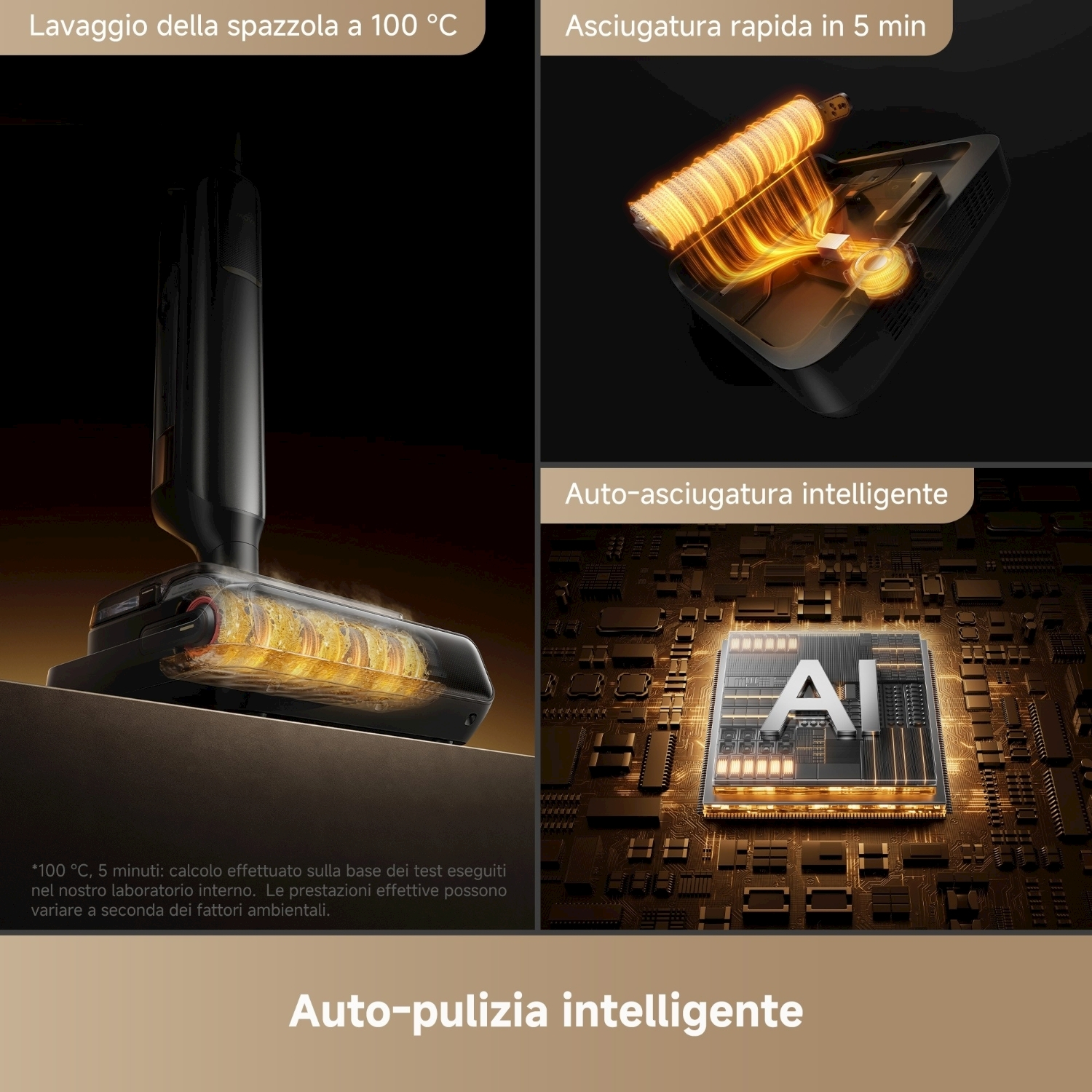 L'immagine mostra un dispositivo di pulizia con testo sull'autopulizia e l'asciugatura rapida. Presenta una spazzola e un chip AI.
